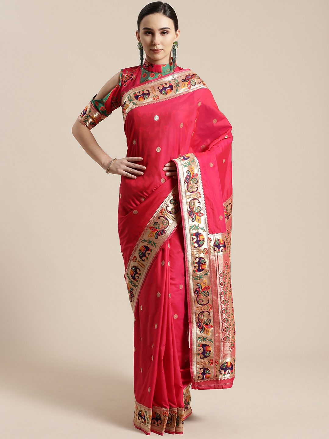 

Saree mall Pink & Golden Woven Design Banarasi Saree