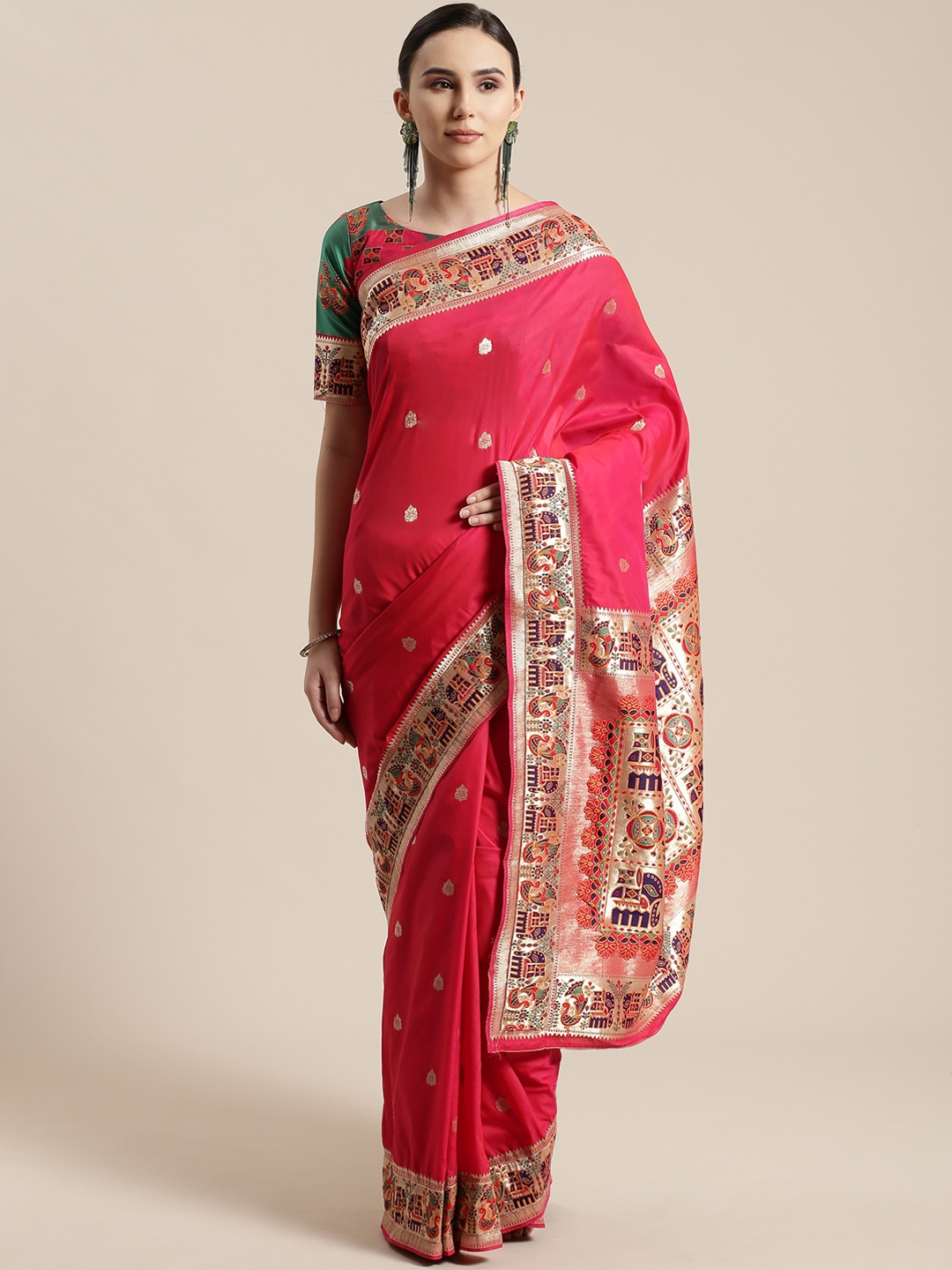 

Saree mall Pink & Golden Woven Design Banarasi Saree