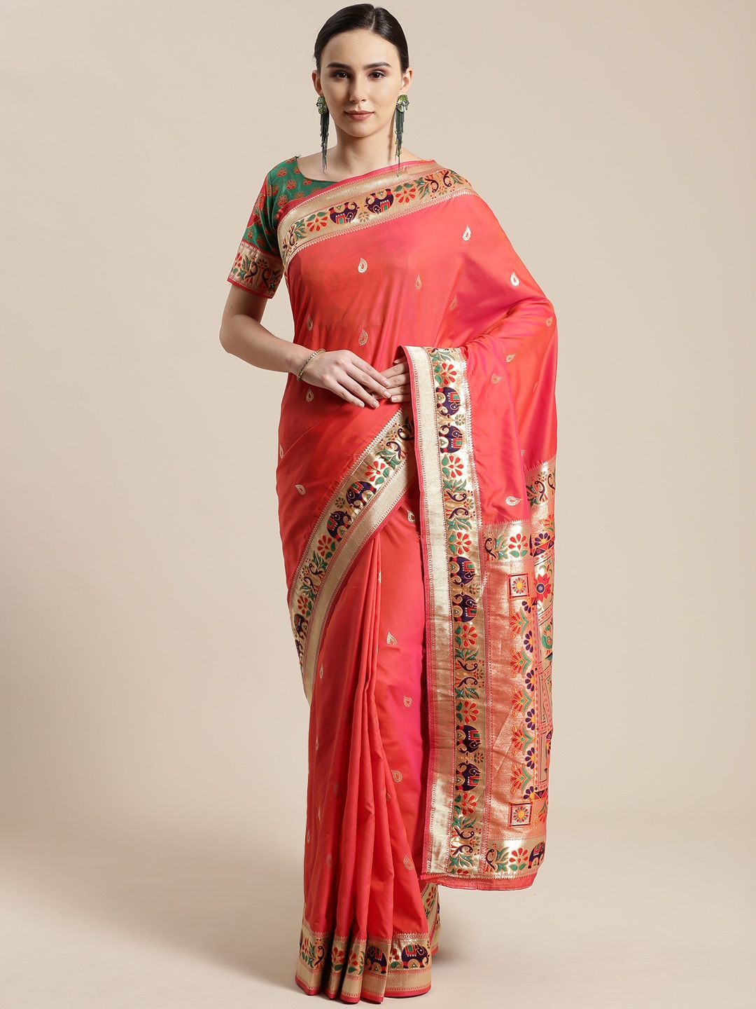 

Saree mall Peach-Coloured & Golden Woven Design Banarasi Saree