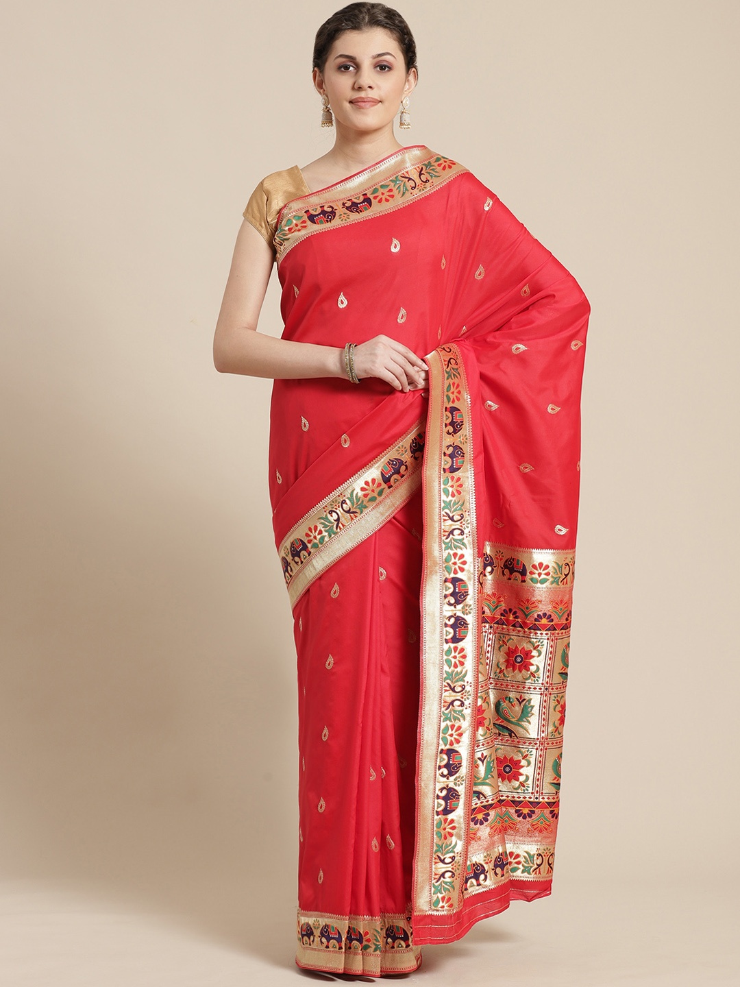 

Saree mall Coral Red & Golden Paisley Patterned Banarasi Saree