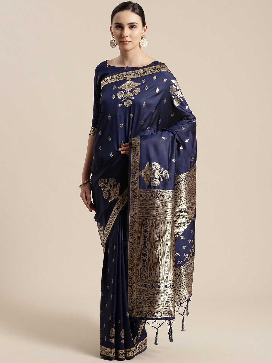 

Saree mall Navy Blue & Golden Woven Design Banarasi Saree