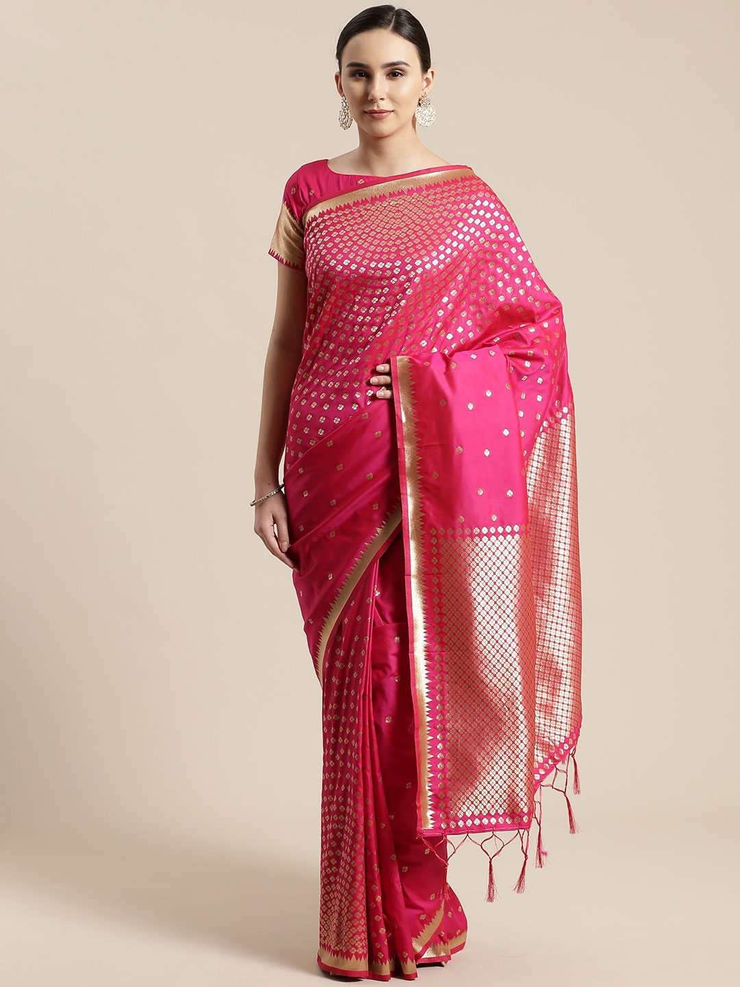 

Saree mall Pink & Golden Woven Design Banarasi Saree