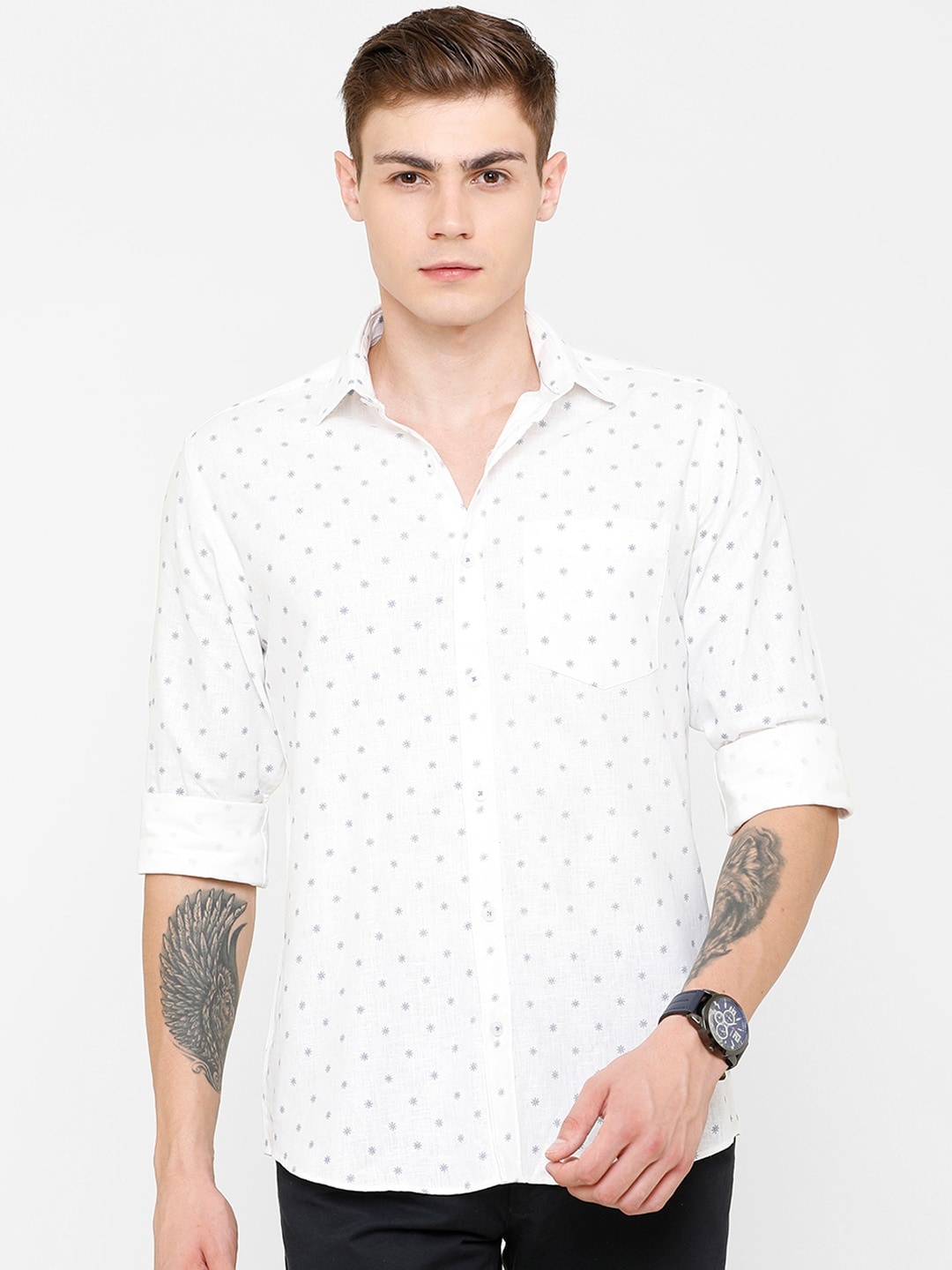 

CAVALLO by Linen Club Men White Linen Cotton Regular Fit Printed Sustainable Casual Shirt