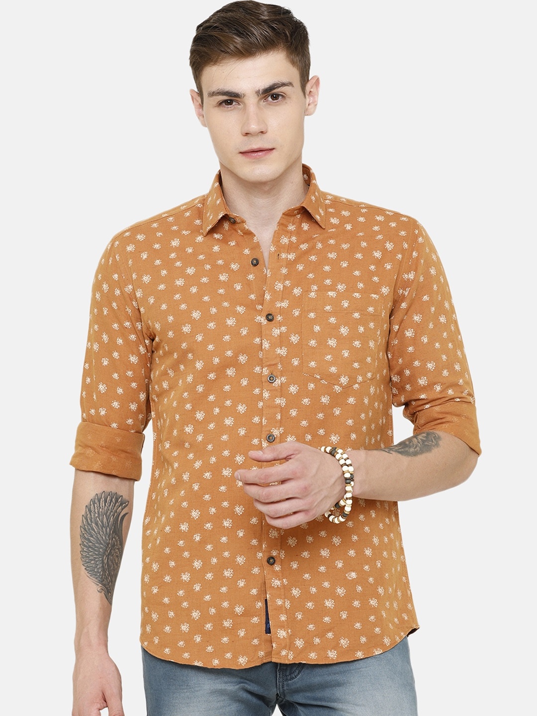 

CAVALLO by Linen Club Men Cotton Linen Camel Brown Regular Fit Floral Printed Casual Shirt