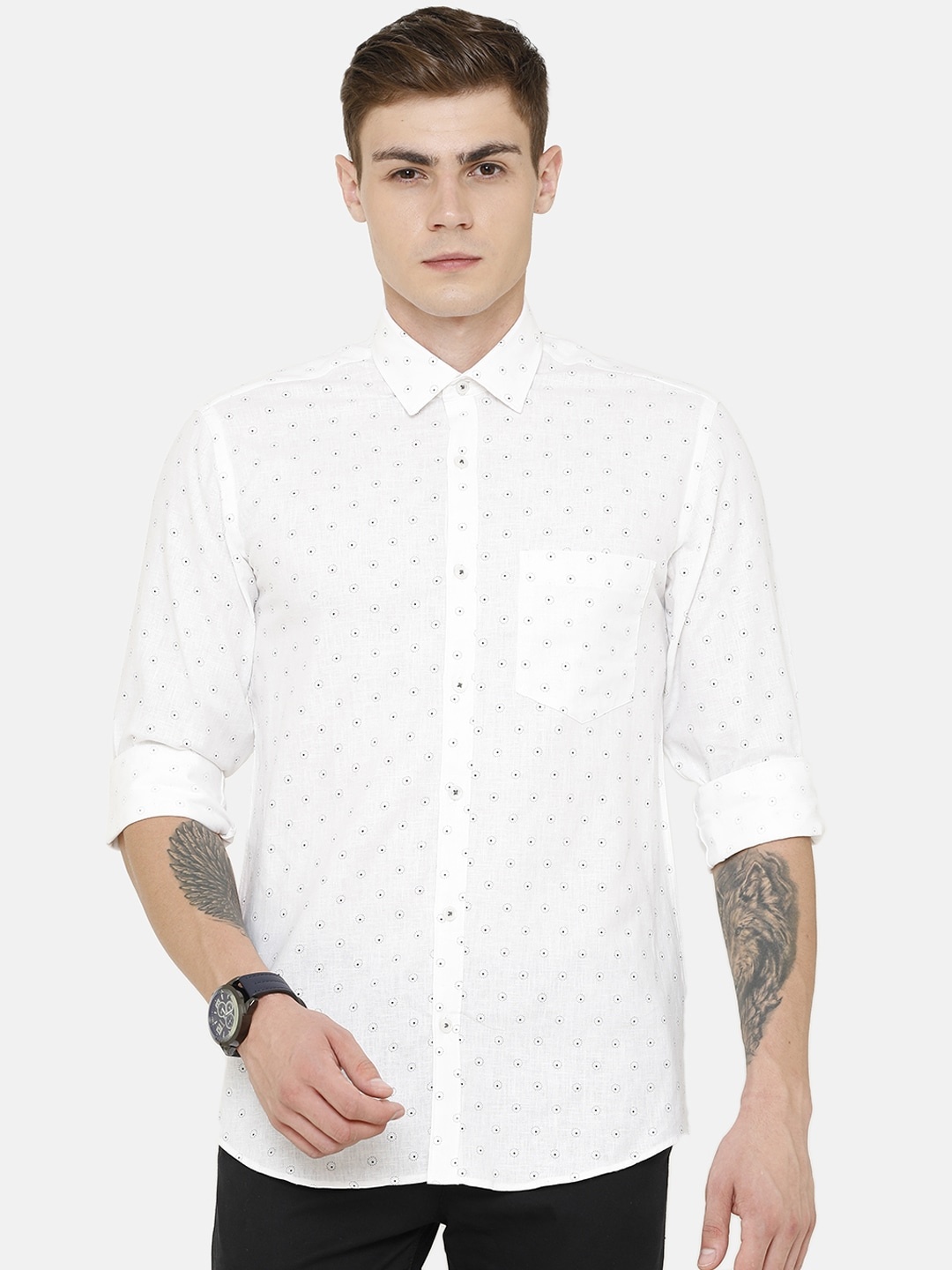 

CAVALLO by Linen Club Men Cotton Linen White Regular Fit Printed Sustainable Casual Shirt