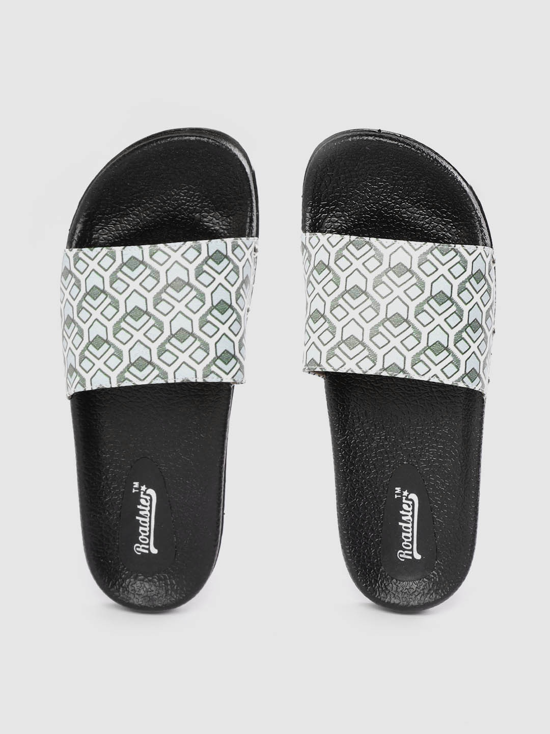 

Roadster Women White & Olive Green Geometric Print Sliders