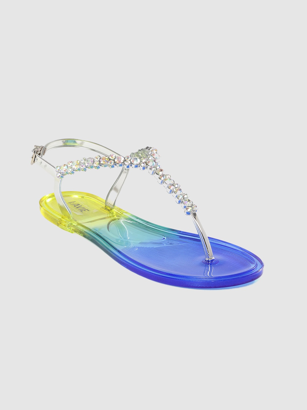 

Lavie Women Silver-Toned Stone-Studded T-Strap Flats with Iridescent Effect