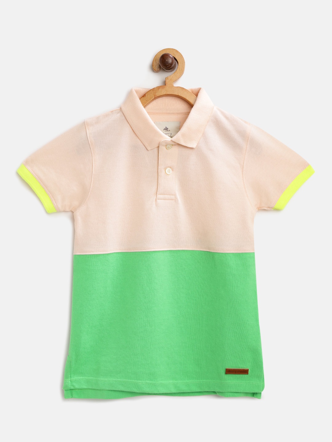 

Cherry Crumble Boys Peach-Coloured & Green Colourblocked Polo Collar T-shirt