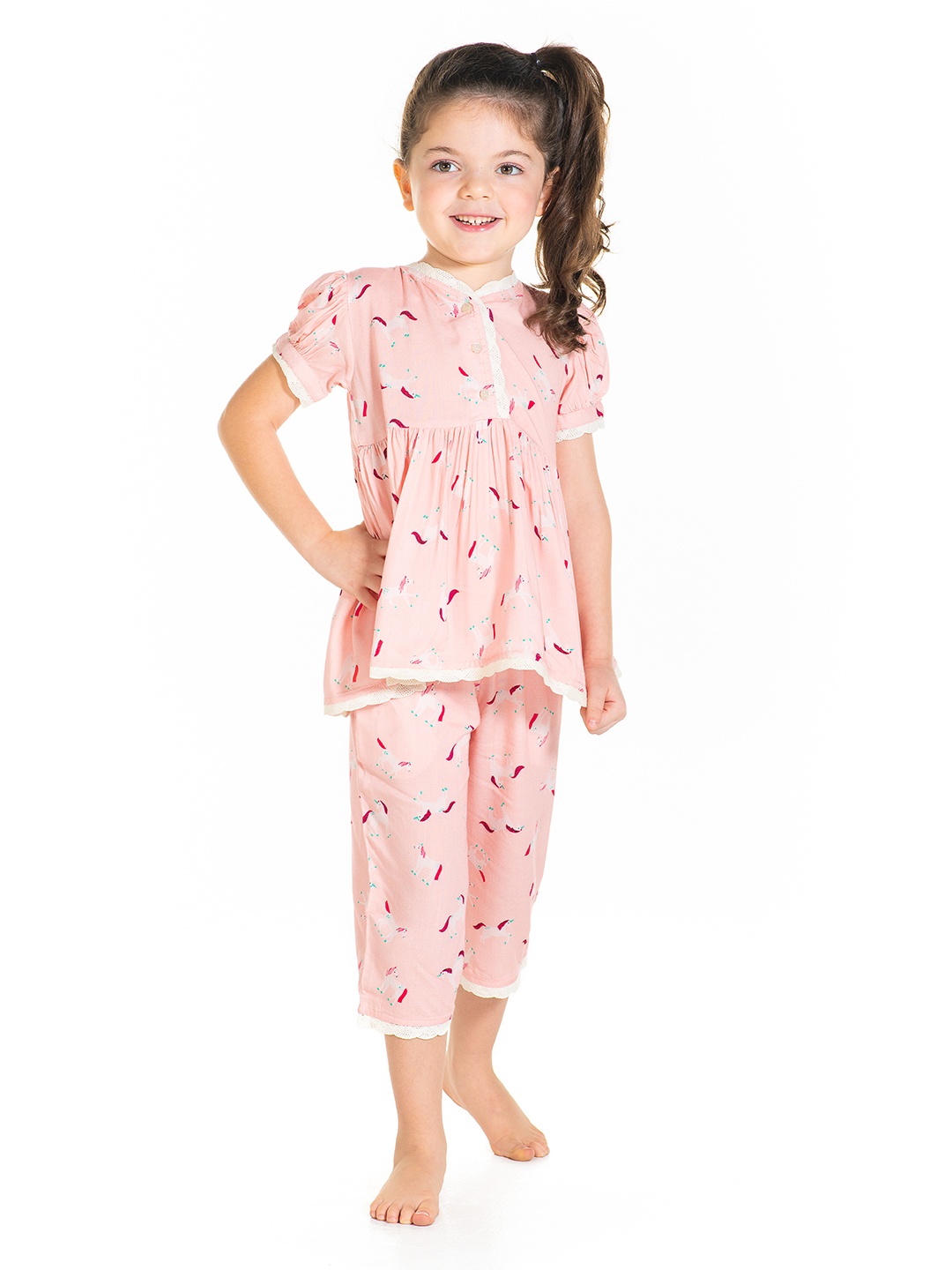 

Cherry Crumble Girls Peach-Coloured & White Unicorn Printed Night suit