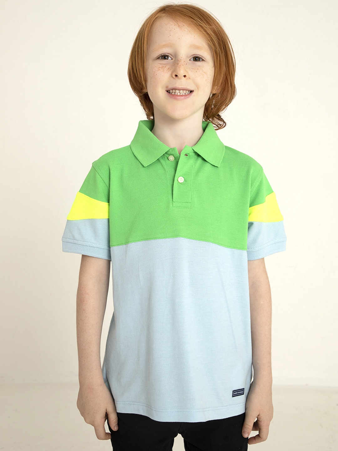 

Cherry Crumble Boys Green & Blue Colourblocked Polo Collar T-shirt