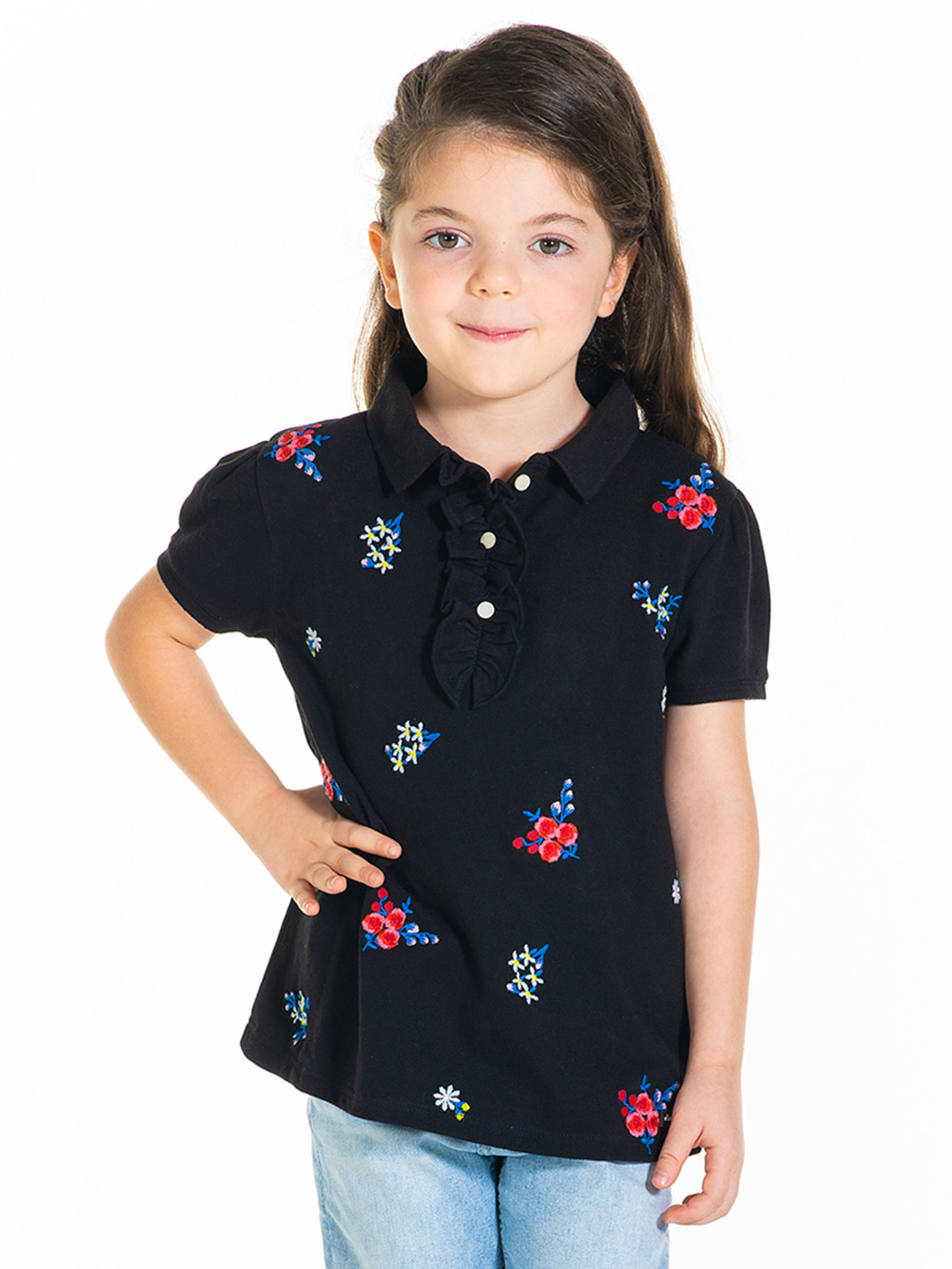 

Cherry Crumble Girls Black & Pink Floral Embroidered Polo Collar T-shirt