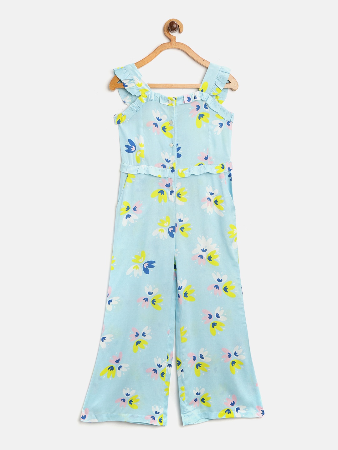 

Cherry Crumble Girls Blue & Yellow Floral Print Basic Jumpsuit