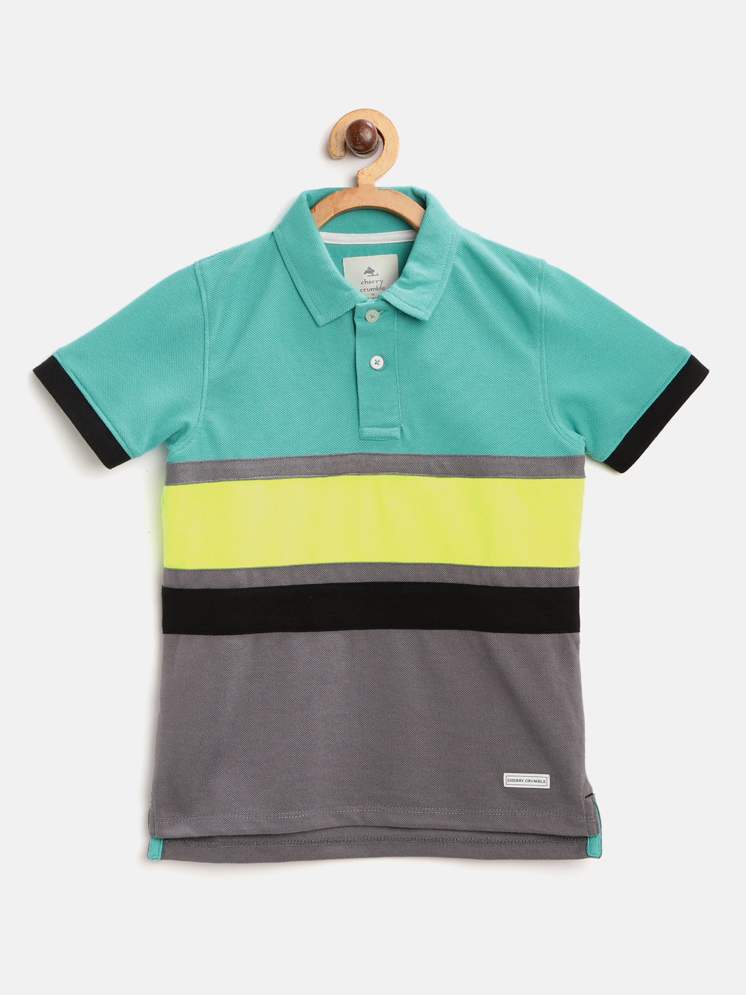 

Cherry Crumble Boys Sea Green & Charcoal Grey Colourblocked Polo Collar T-shirt