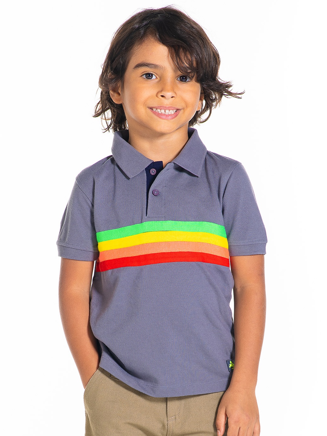 

Cherry Crumble Boys Grey Cut & Sew Colorful Striped Polo T-shirt Shirt