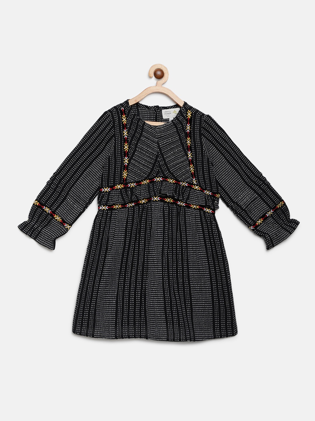 

Cherry Crumble Girls Black & White Self Striped A-Line Dress