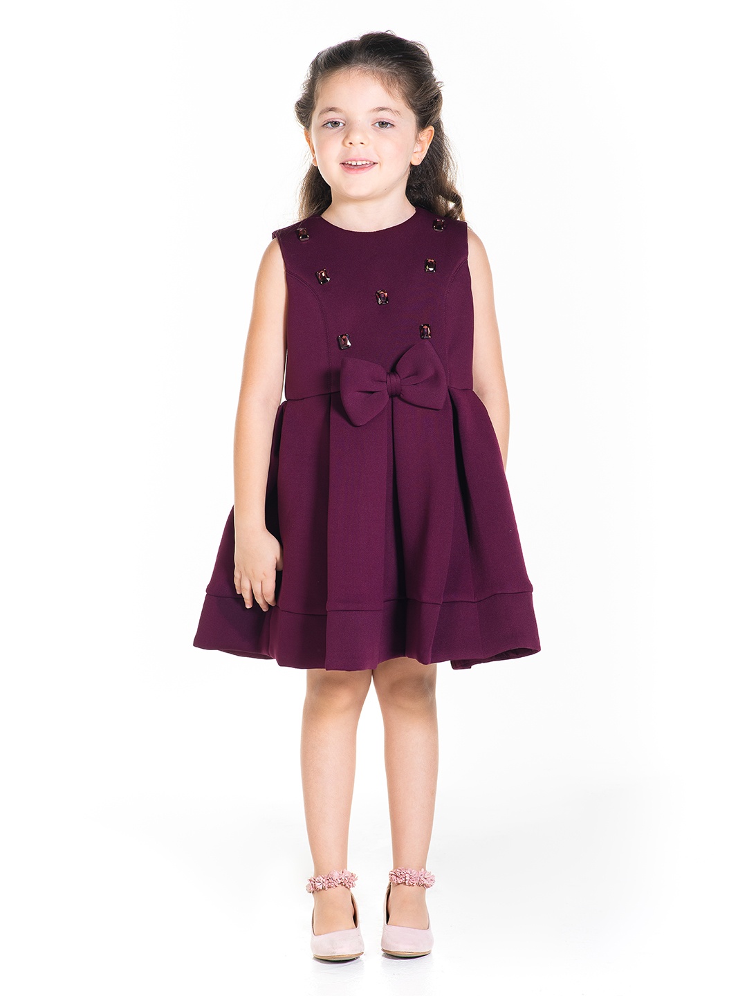 

Cherry Crumble Girls Burgundy Solid Fit & Flare Dress with Embellished Detail