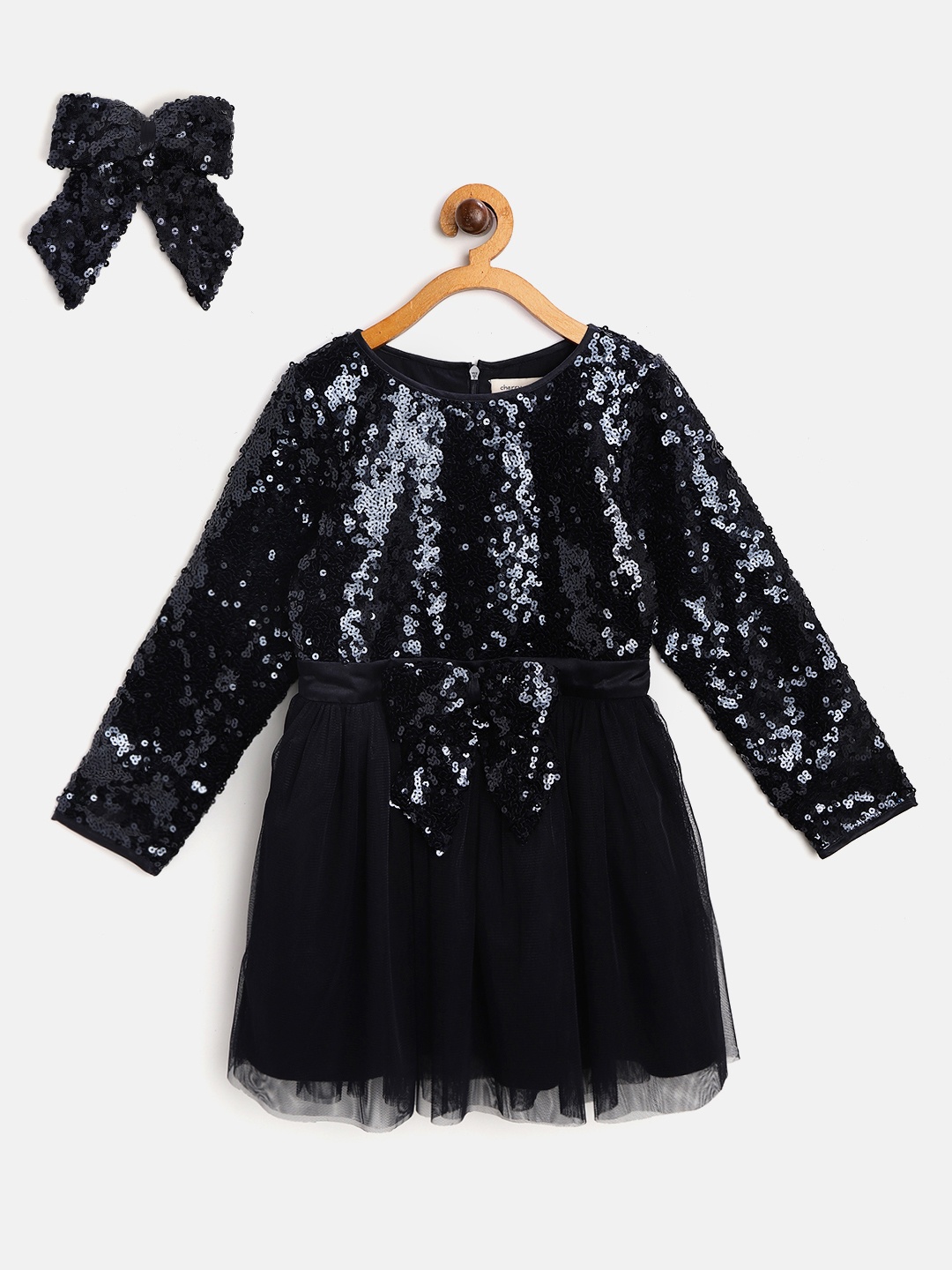 

Cherry Crumble Girls Navy Blue Sequinned Net A-Line Dress with Bow Shaped Brooch