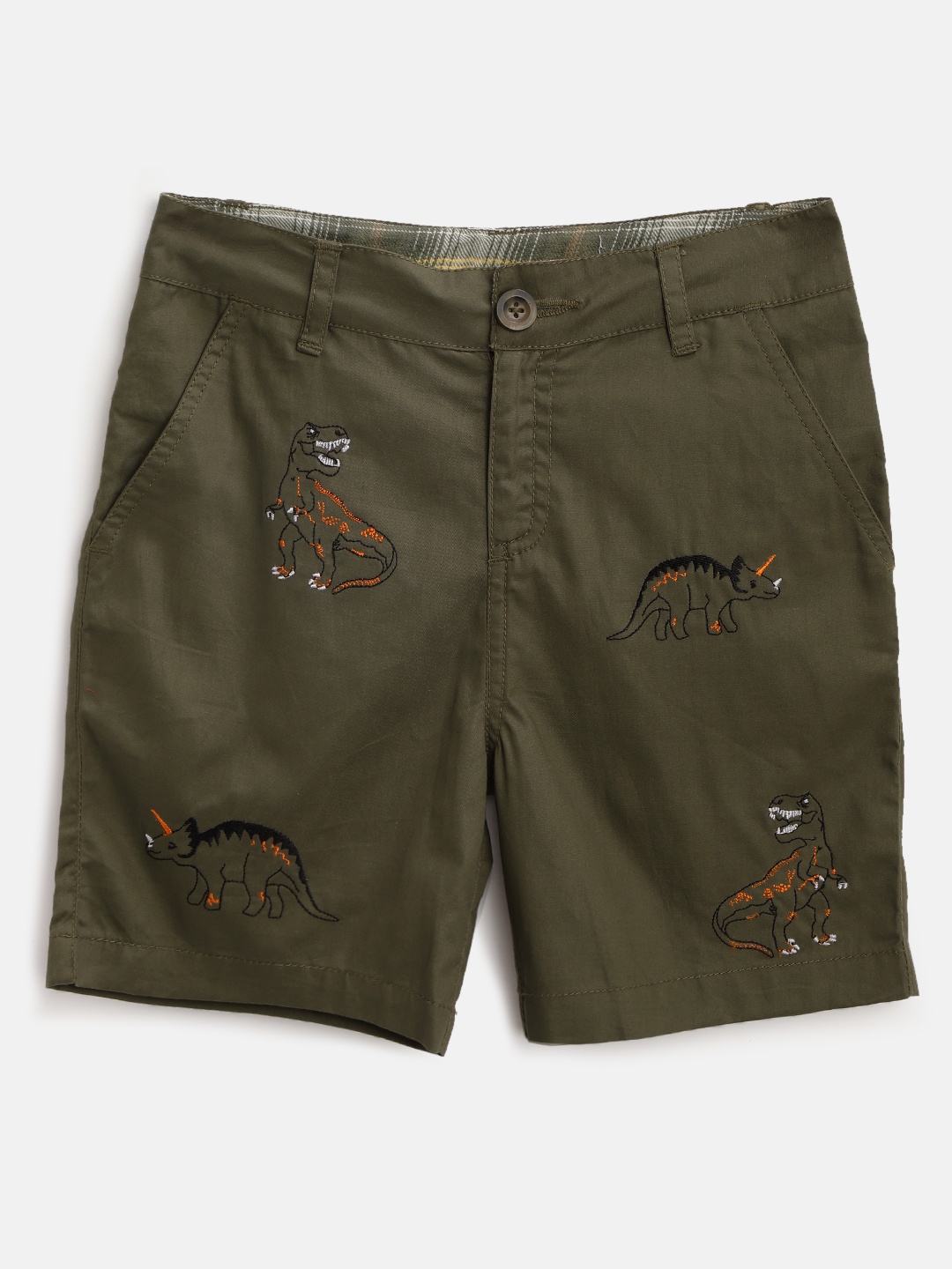 

Cherry Crumble Boys Olive Green Dinosaur Embroidered Regular Fit Chino Shorts