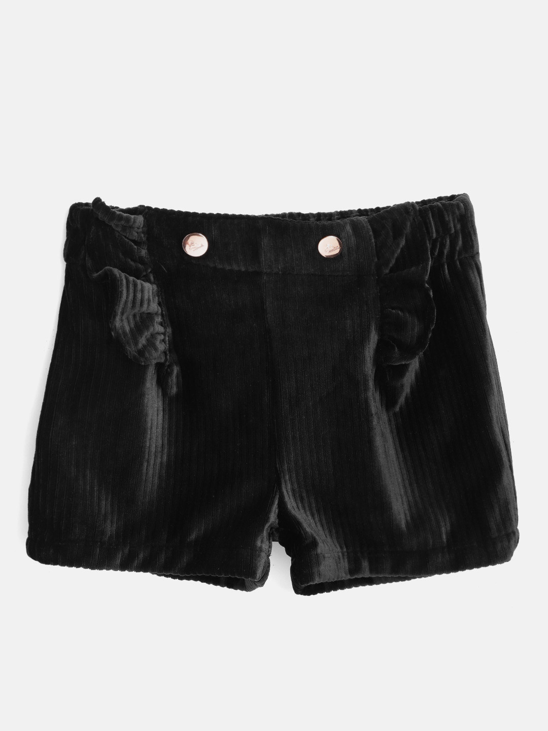 

Cherry Crumble Girls Black Self-Striped Velvet Finish Regular Fit Shorts