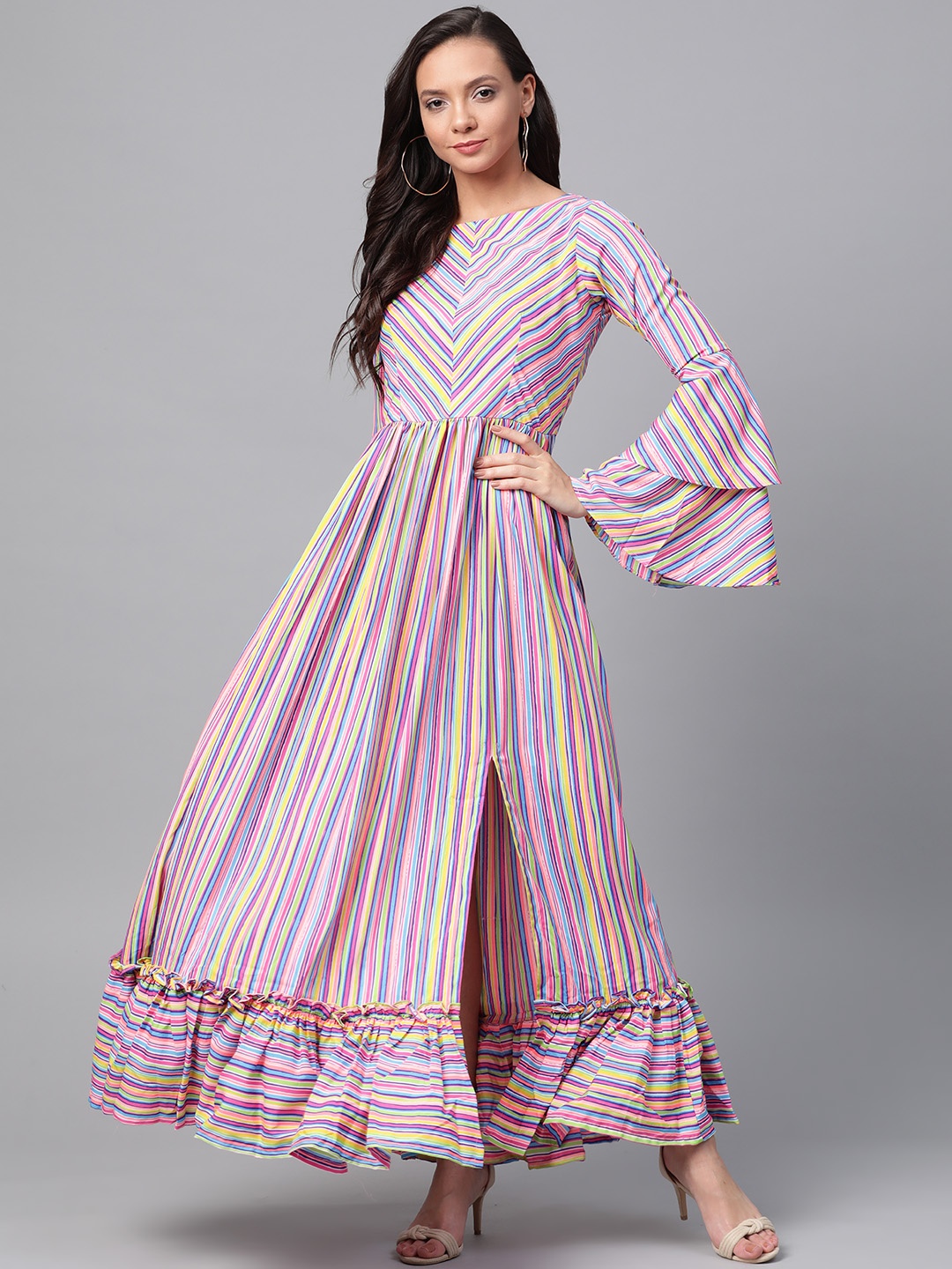 

Inddus Women Multicoloured Candy Striped Maxi Dress, Multi