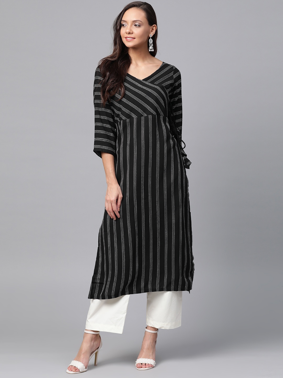 

Inddus Women Black & White Embroidered Striped Straight Angrakha Kurta
