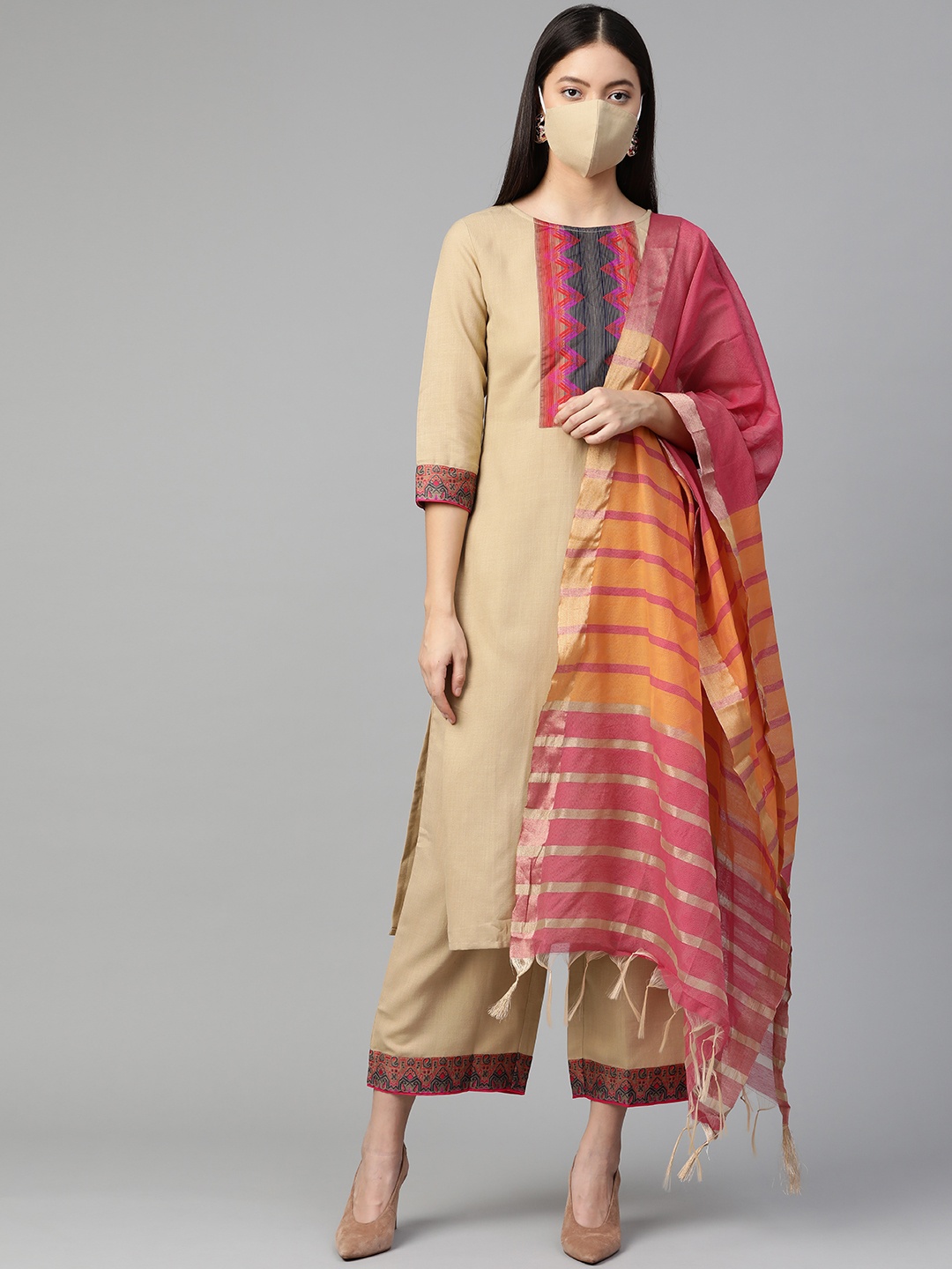 

Indo Era Women Beige Navy Blue Yoke Design Kurta Set with Dupatta
