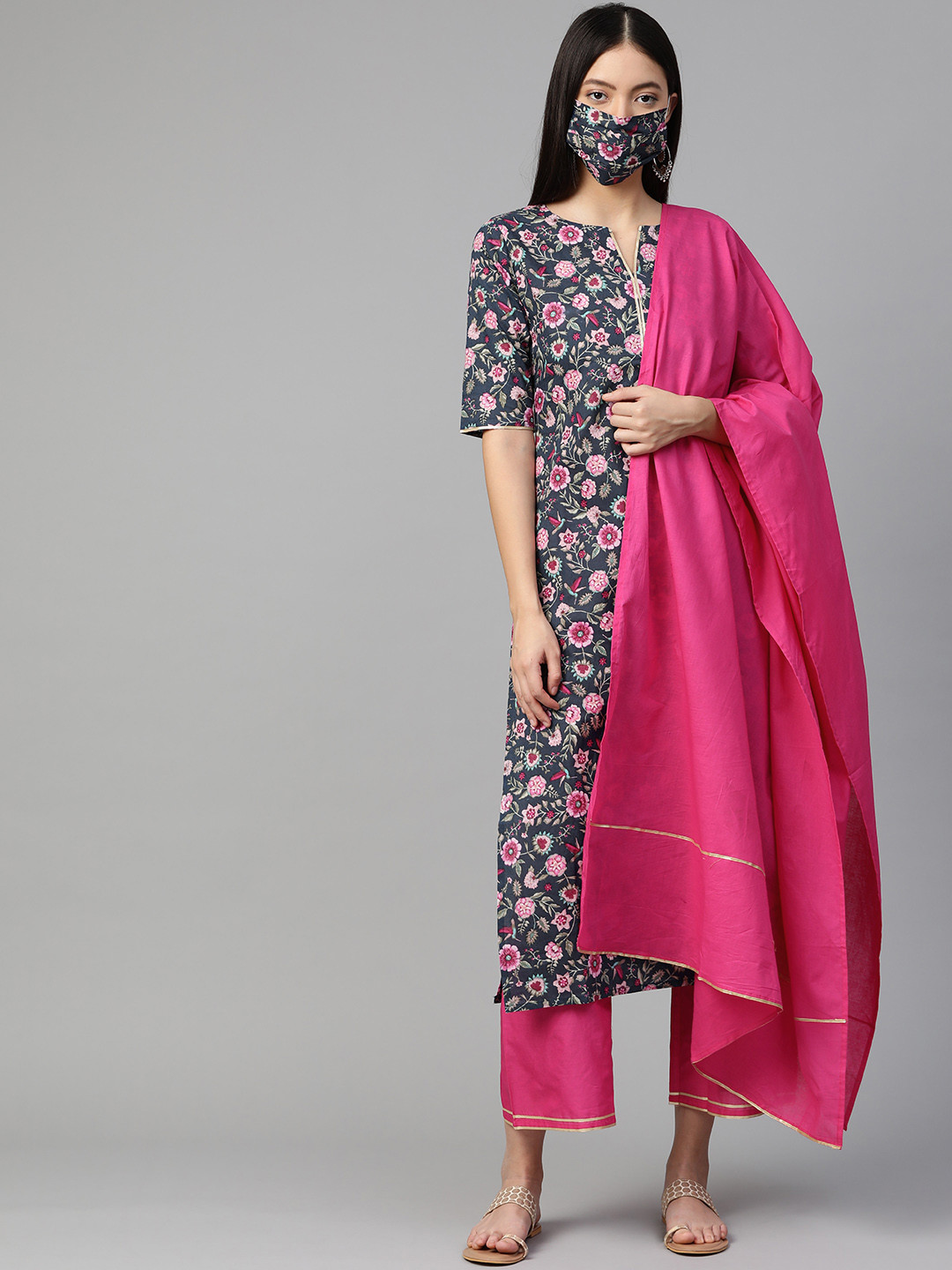 

Indo Era Women Navy Blue Pink Floral Printed Kurta Set with Dupatta