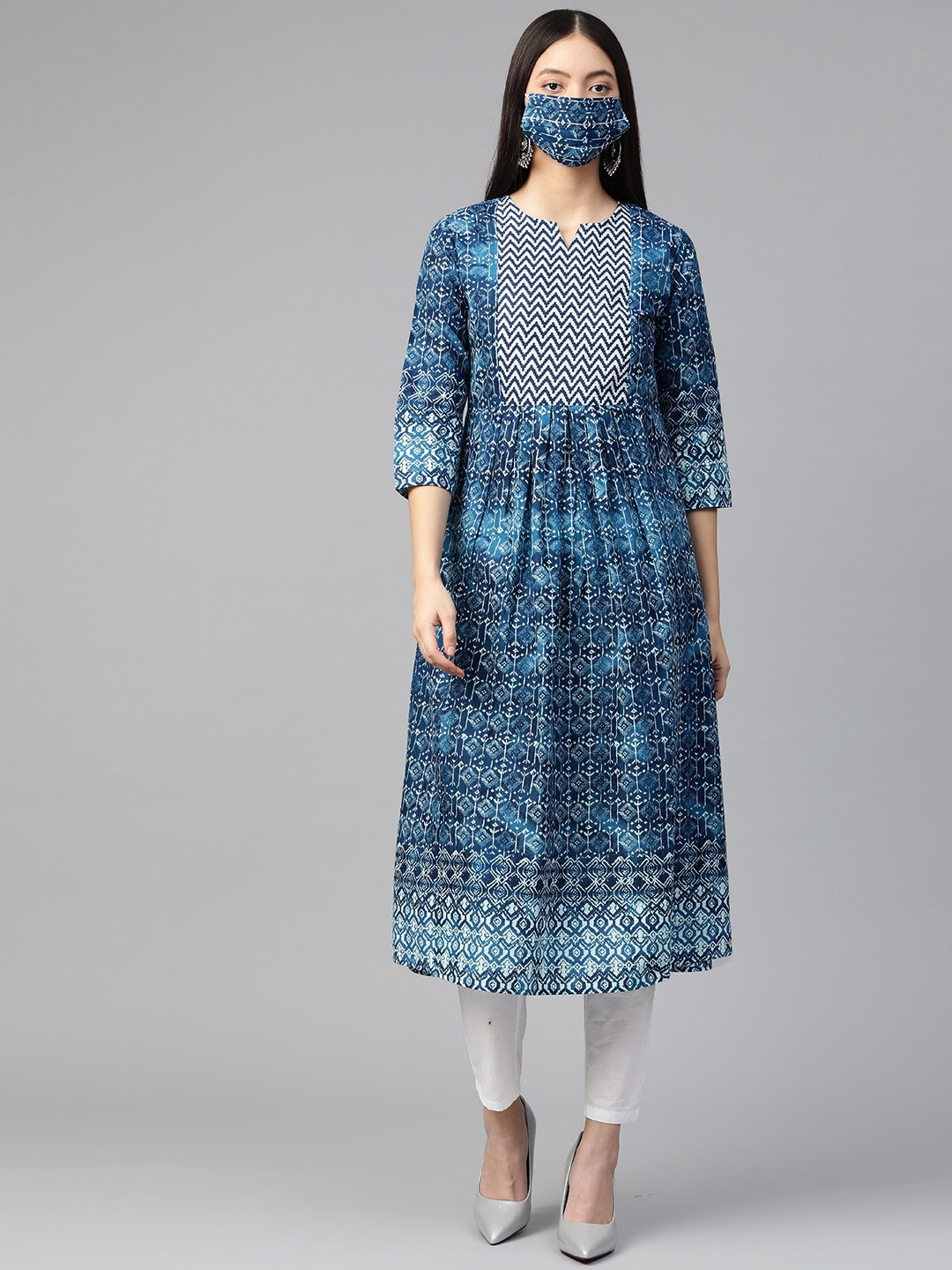 

Indo Era Women Navy Blue White Printed A-Line Kurta