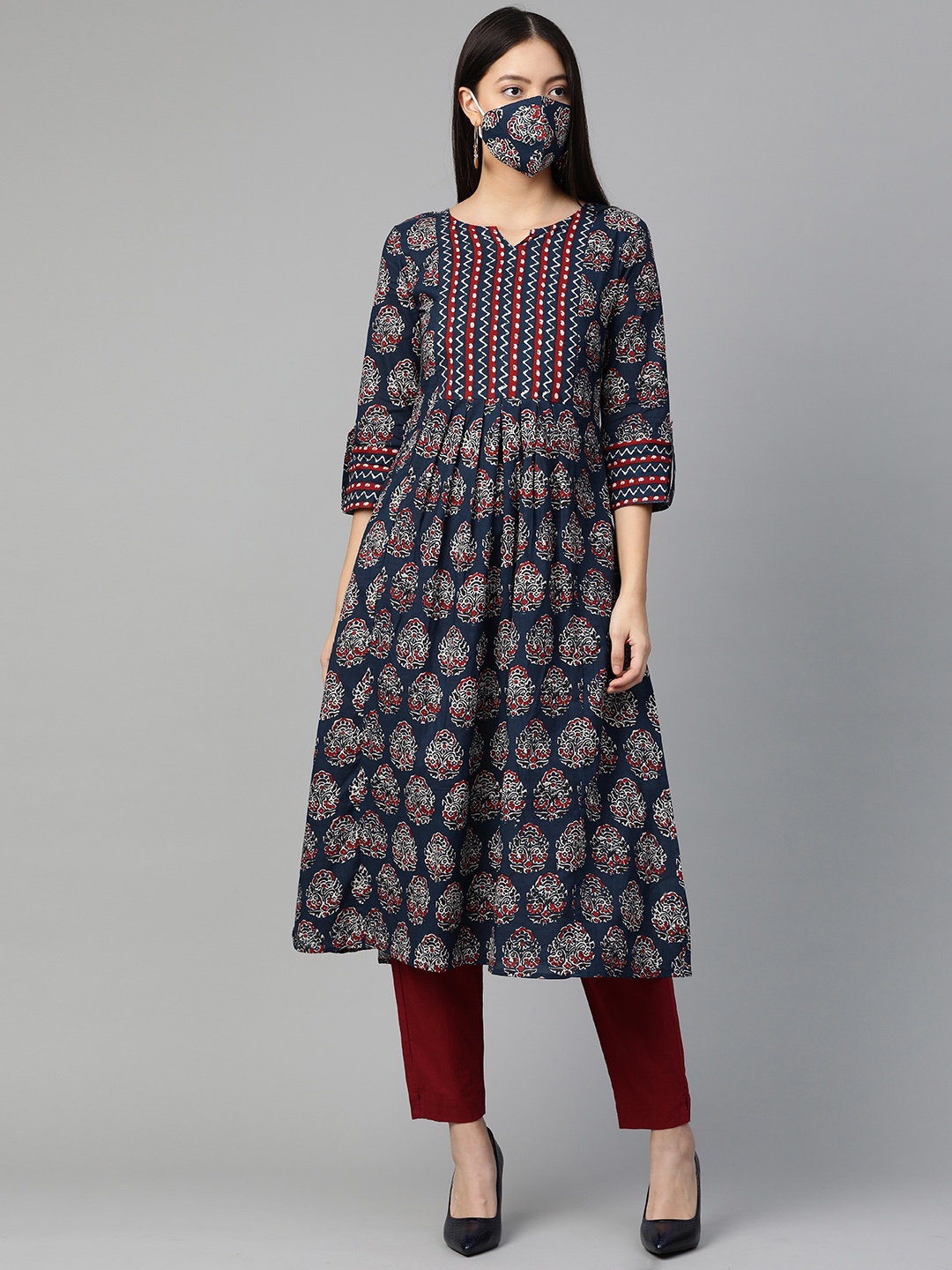 

Indo Era Women Navy Blue Maroon Printed A-Line Kurta