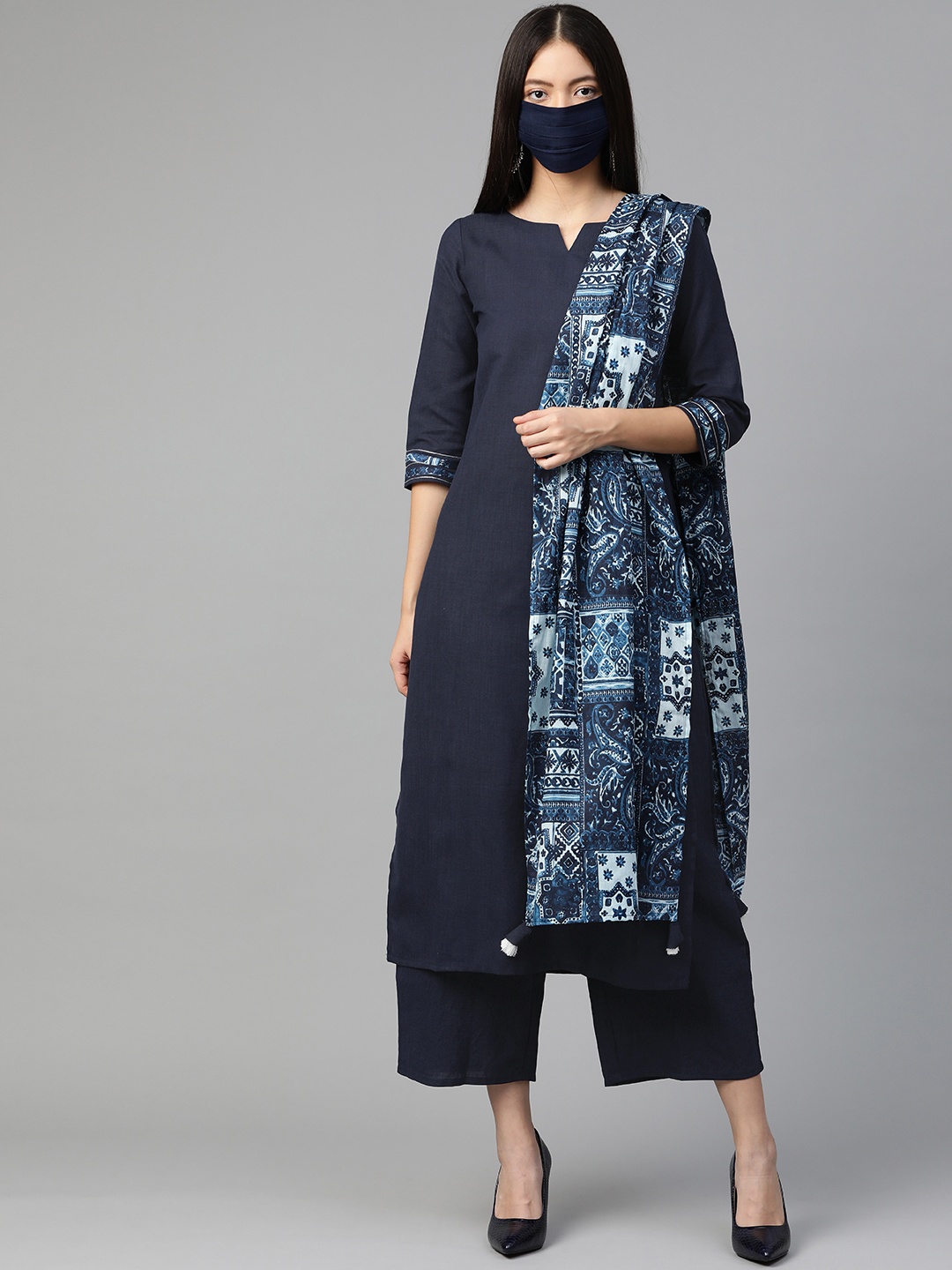 

Indo Era Women Navy Blue Solid Kurta Set with Dupatta