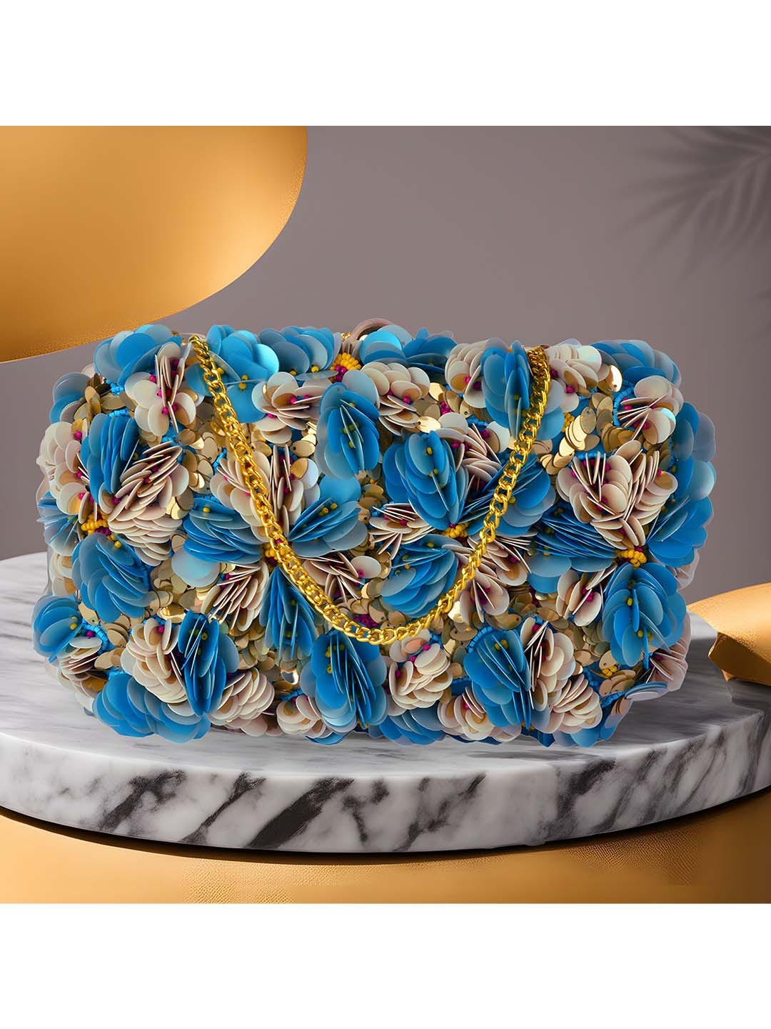 

REZZY Blue & Beige Embellished Embellished Box Clutch