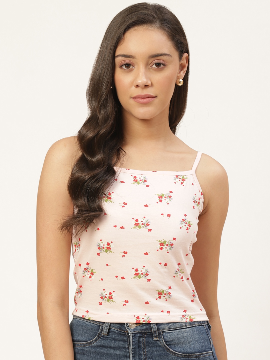 

Trend Arrest Women Pink & Red Floral Print Camisole Pure Cotton Top