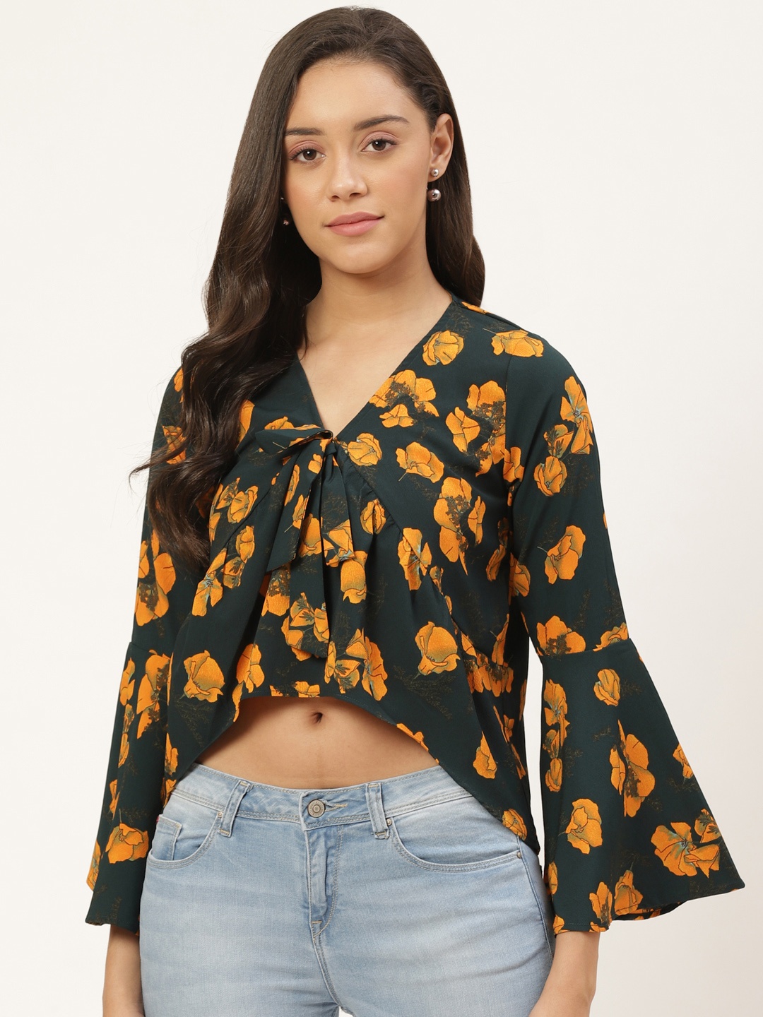 

Trend Arrest Women Green & Mustard Yellow Floral Print Crop Top