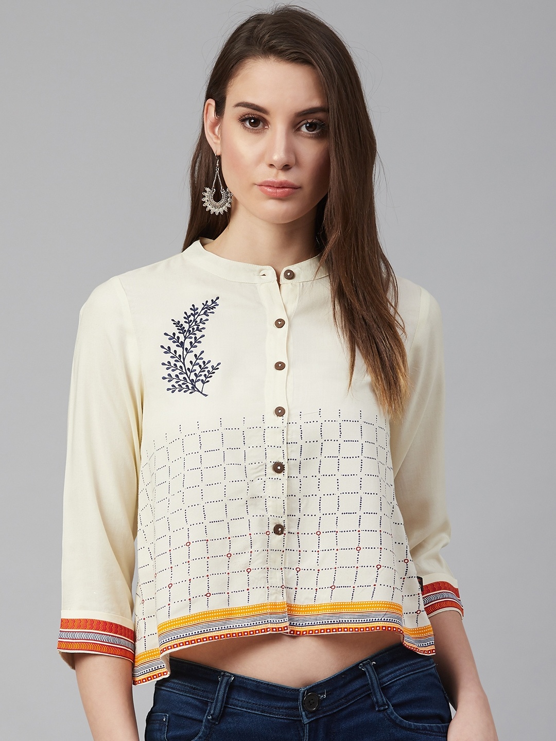 

clorals Women Cream-Coloured & Navy Blue Regular Fit Checked Crop Casual Shirt