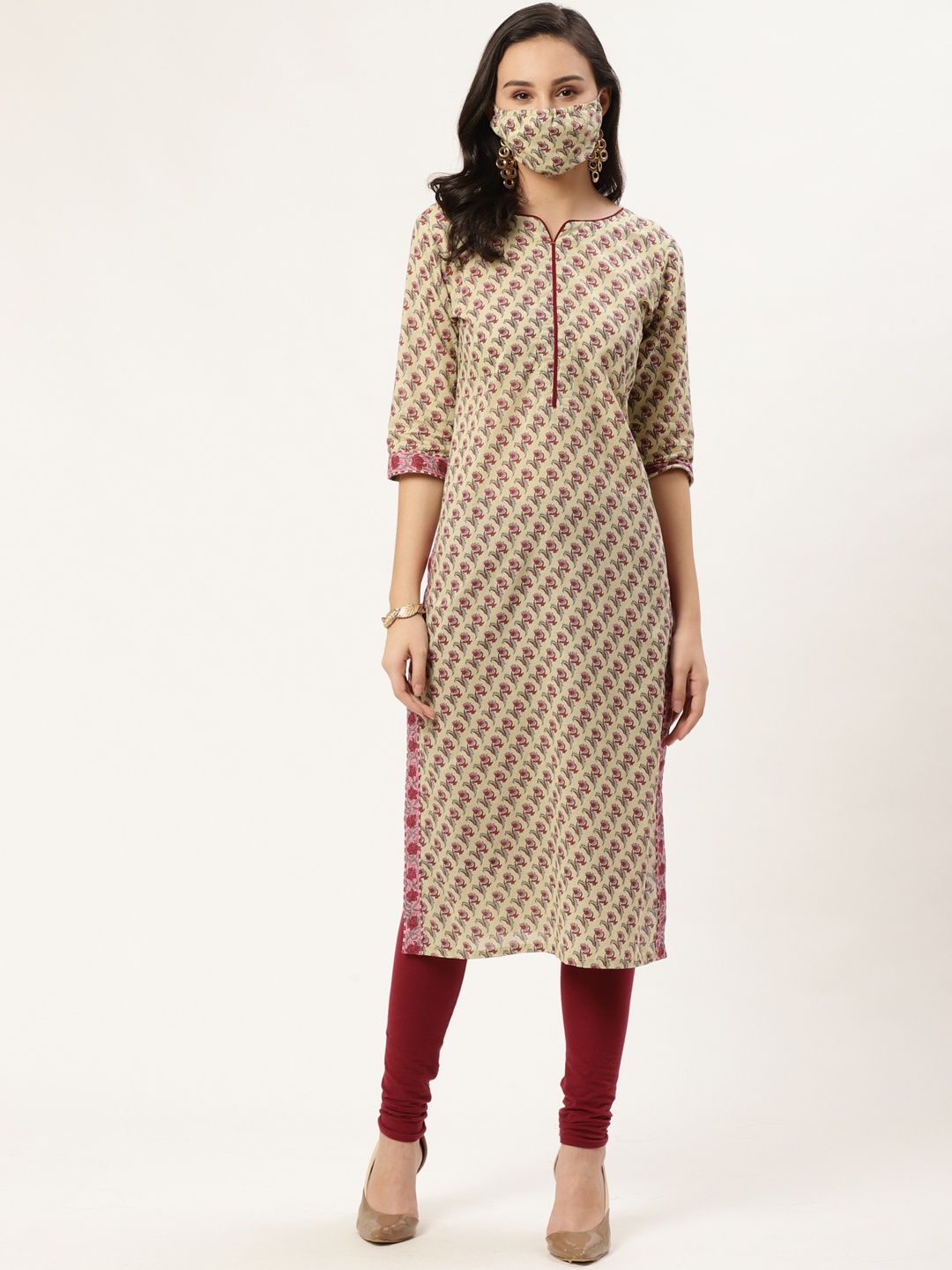 

GERUA Women Beige Maroon Printed Straight Kurta