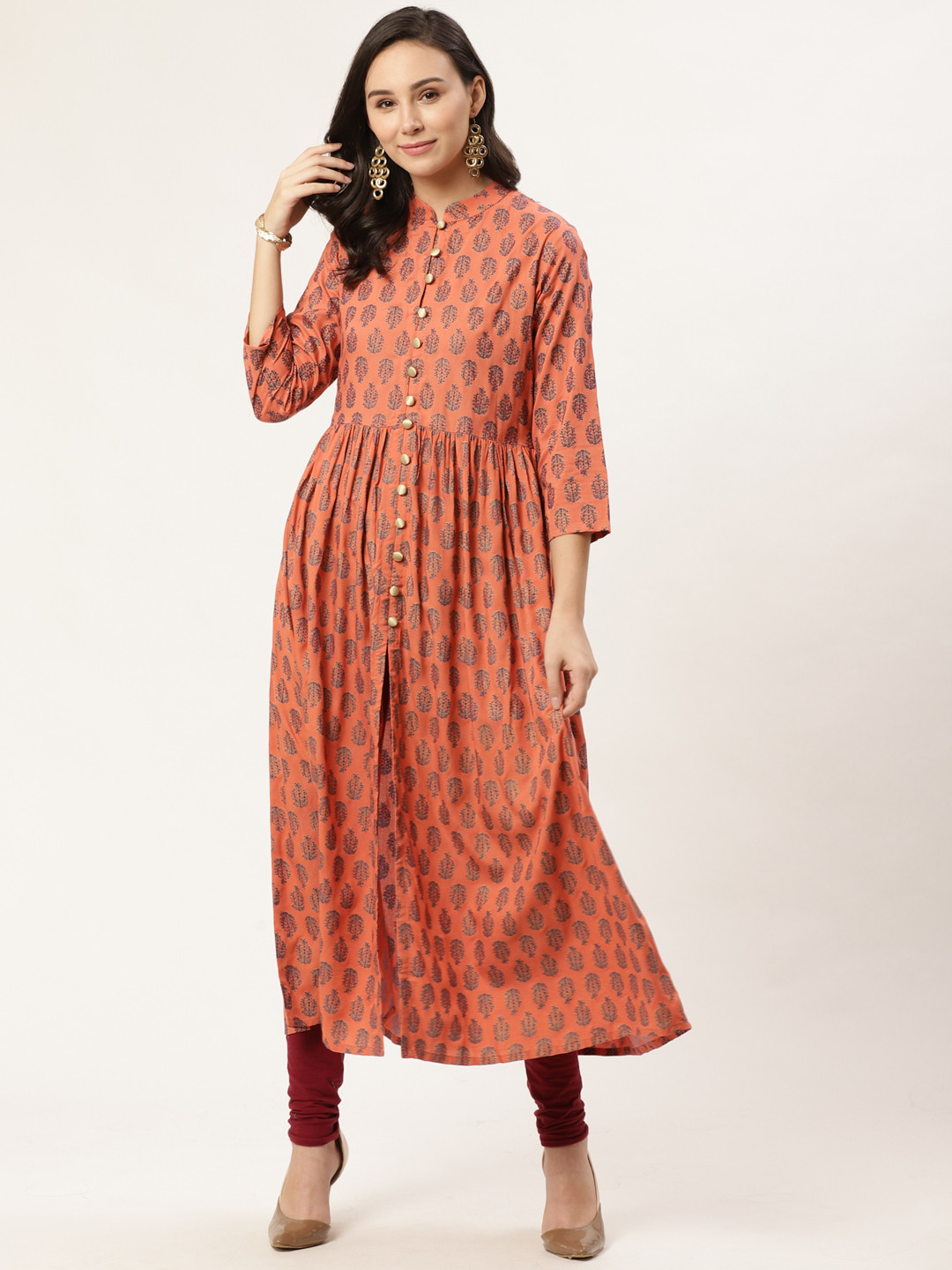 

GERUA Women Orange & Navy Blue Block Print A-Line Kurta