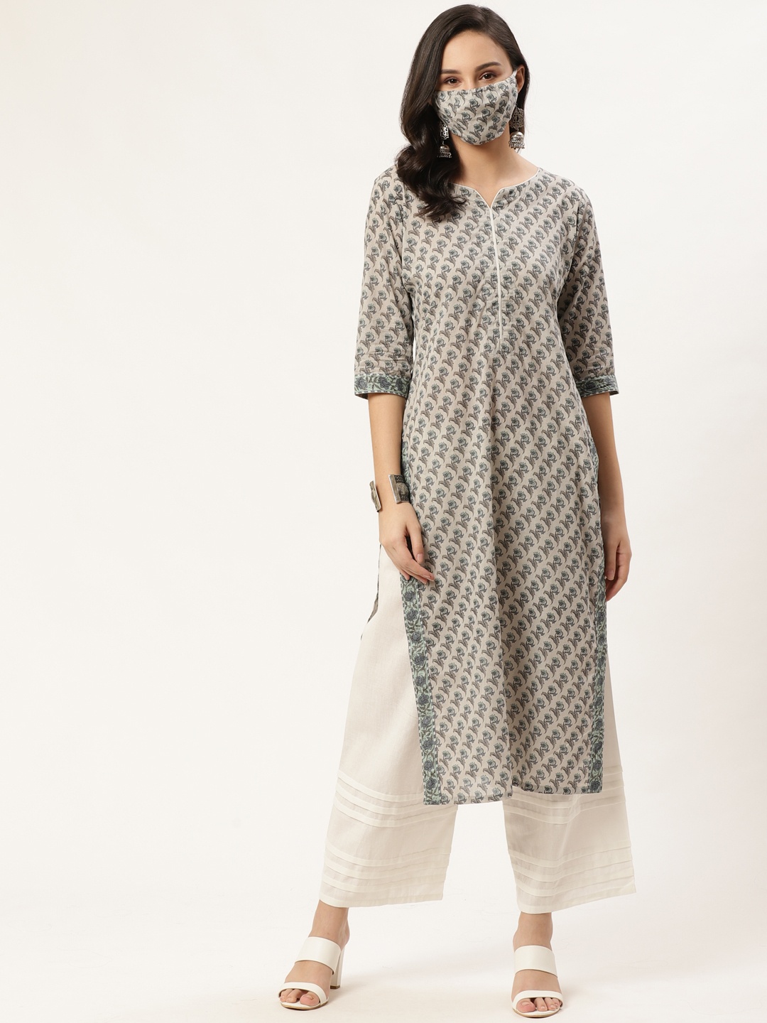 

GERUA Women Grey Blue Printed Straight Kurta