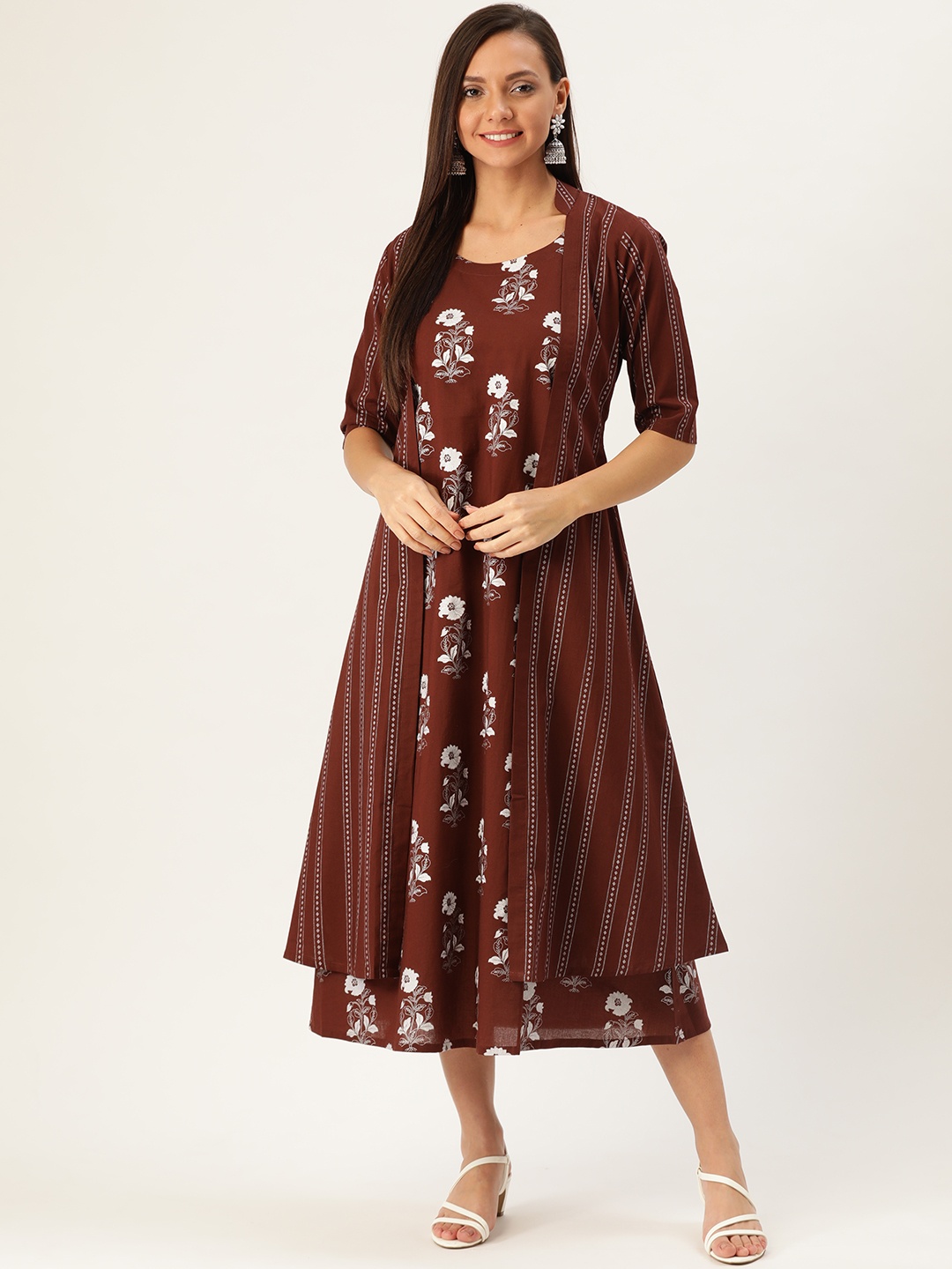 

GERUA Women Brown & White Printed A-Line Dress with Ethnic Jacket