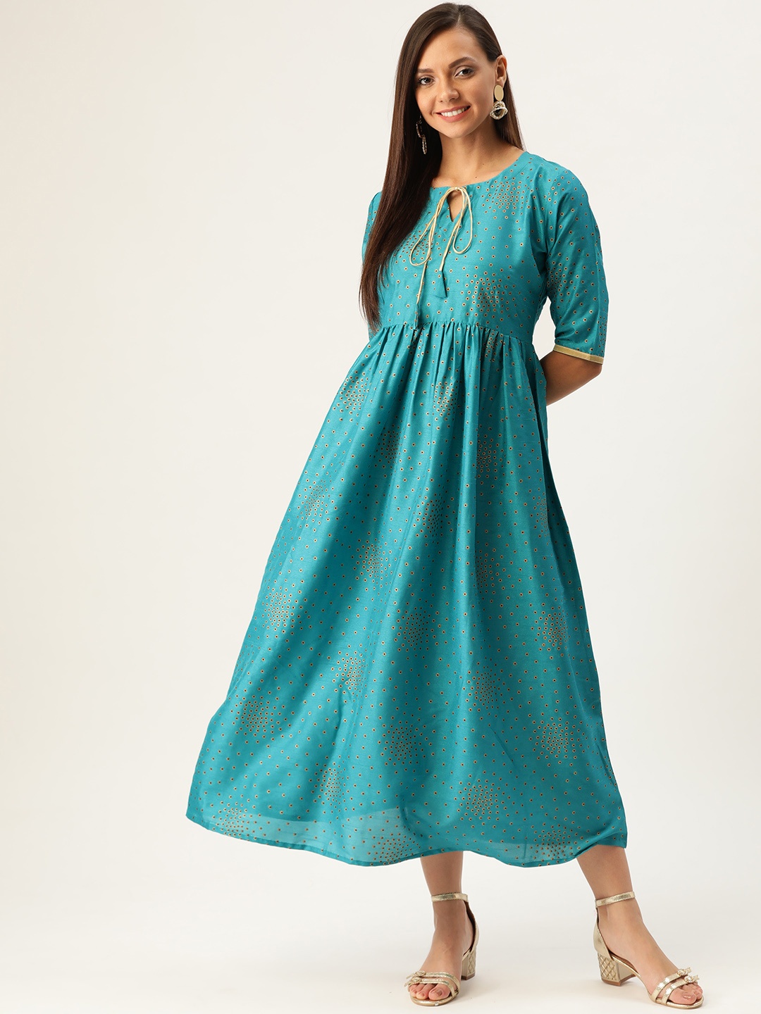 

Gerua By Libas Women Blue Golden Chanderi Printed A-Line Dress