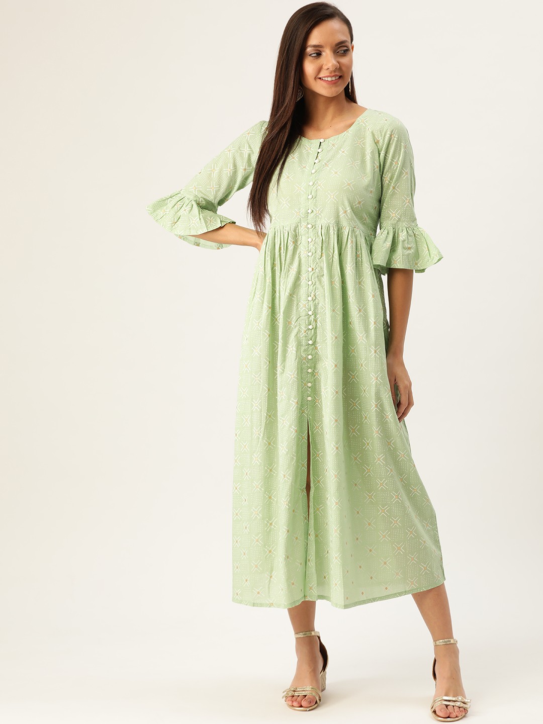 

Gerua By Libas Women Green White Block Printed A-Line Dress