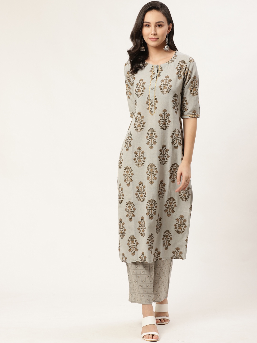 

Gerua By Libas Women Grey Brown Block Printed Kurta with Trousers