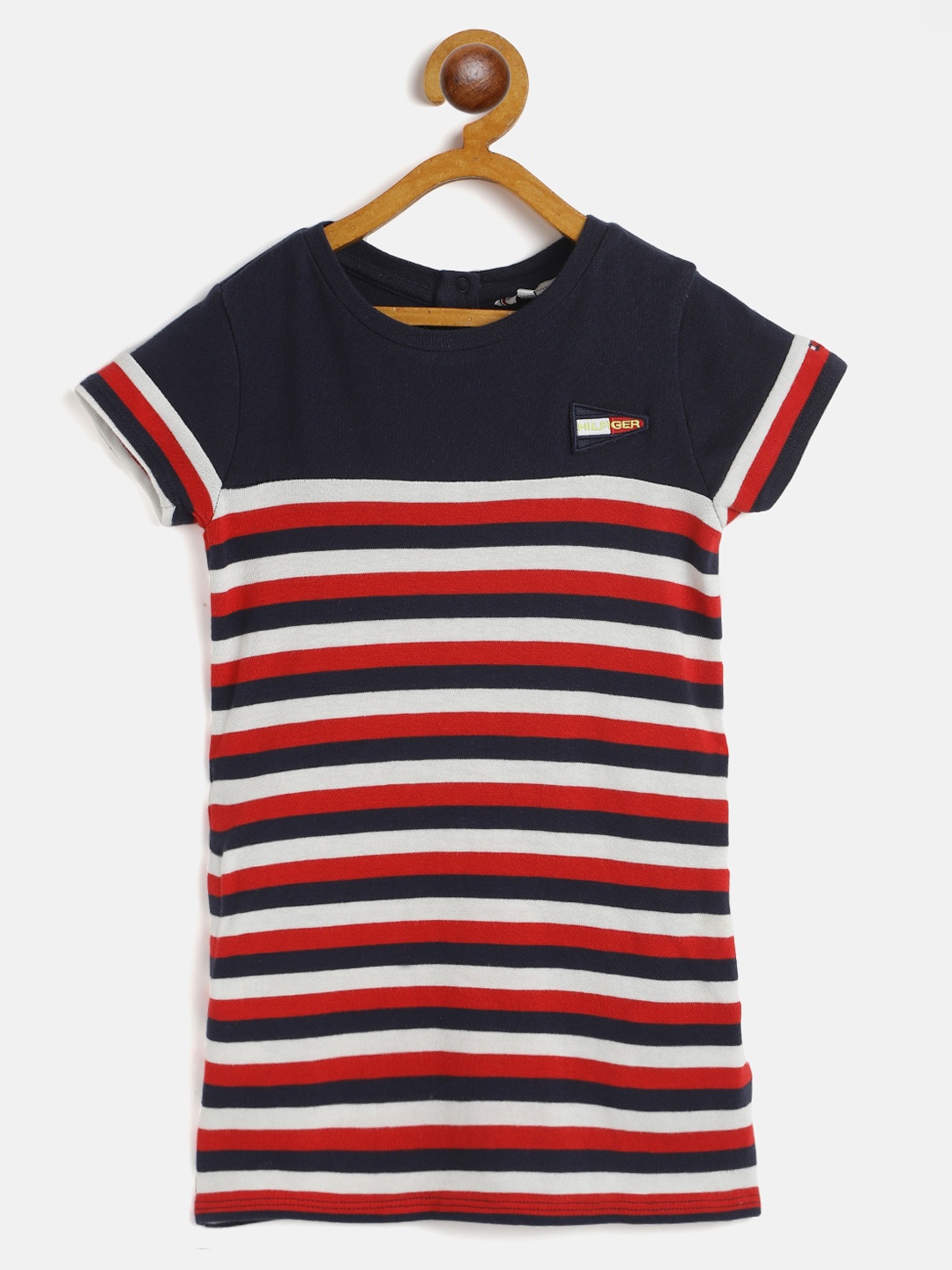 

Tommy Hilfiger Girls Red & Navy Blue Striped Pure Cotton T-shirt Dress
