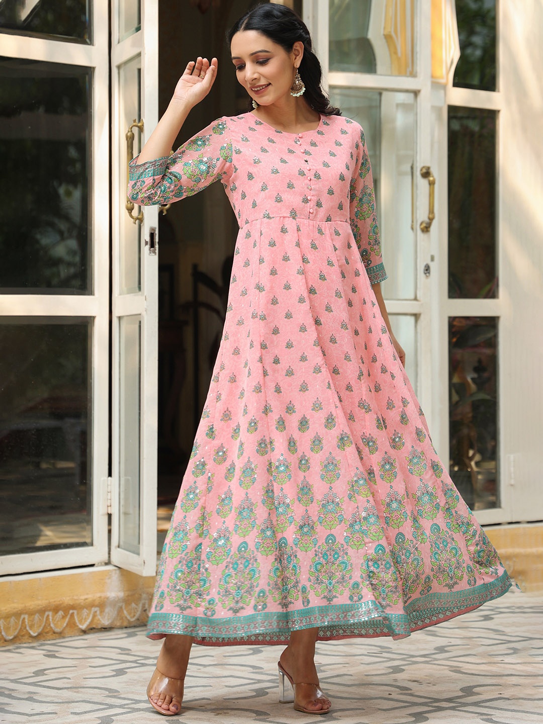 

Juniper Women Pink & Grey Printed Fit and Flare Dress
