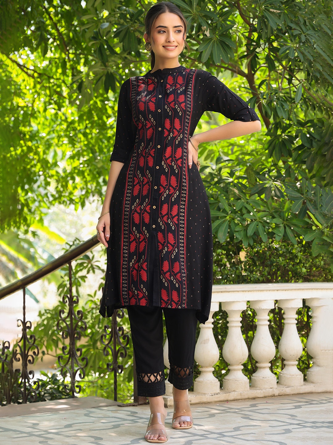 

Juniper Women Black & Maroon Foil Printed A-Line Kurta