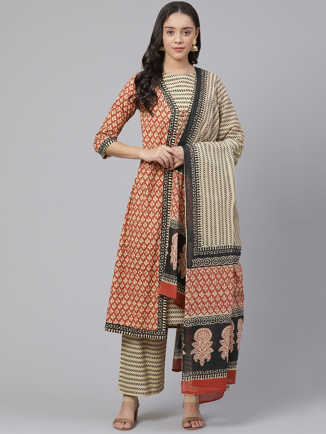 

Indo Era Women Red Screen Printed Layered A-Line Kurta with Palazzos & Dupatta