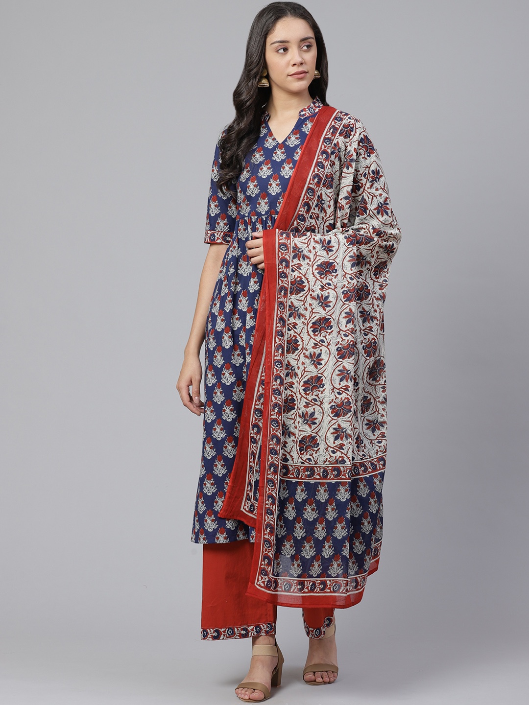 

Indo Era Women Navy Blue & Red Ethnic Screen Printed Kurta with Palazzos & Dupatta