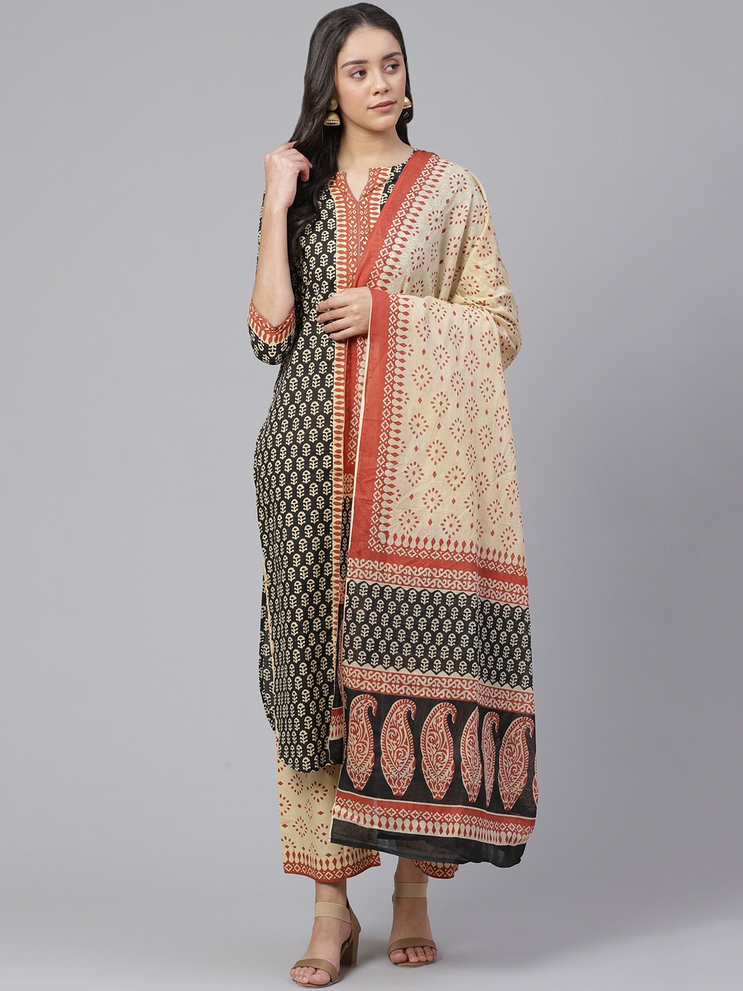 

Indo Era Women Black & Cream-Coloured Printed Kurta with Palazzos & Dupatta