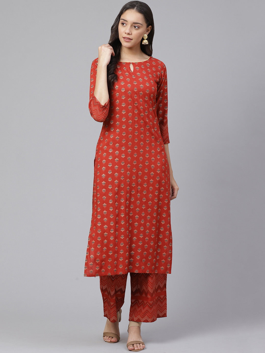 

Indo Era Women Red & Black Foil Printed Kurta with Palazzos