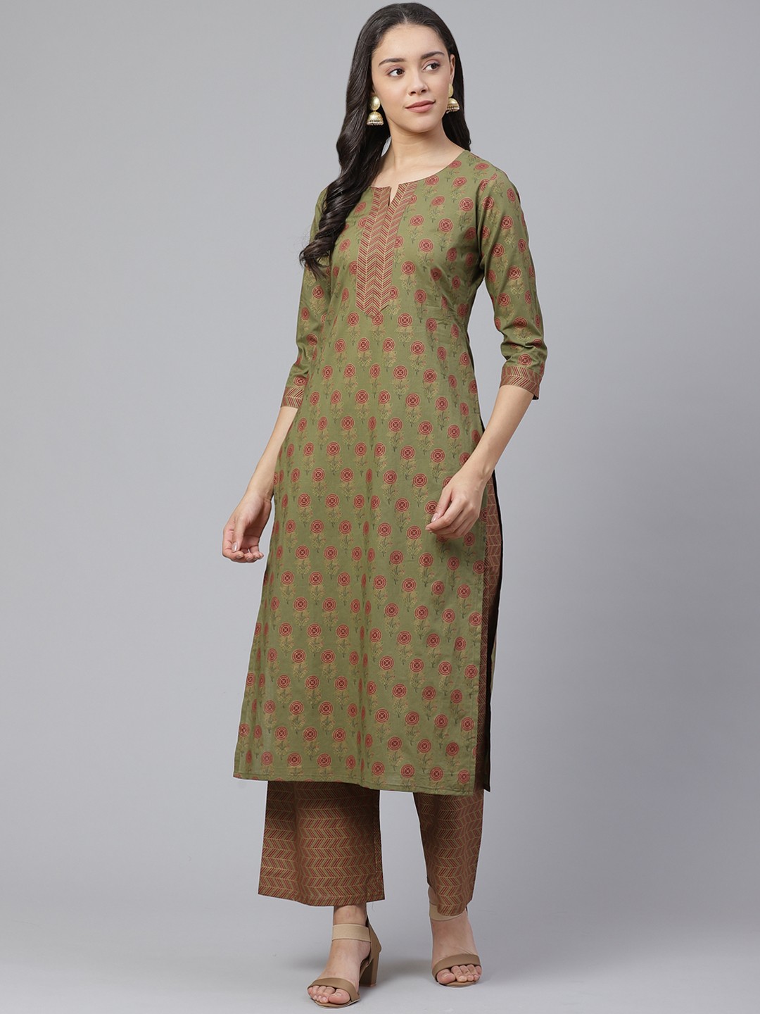 

Indo Era Women Green & Maroon Foil Printed Kurta with Palazzos