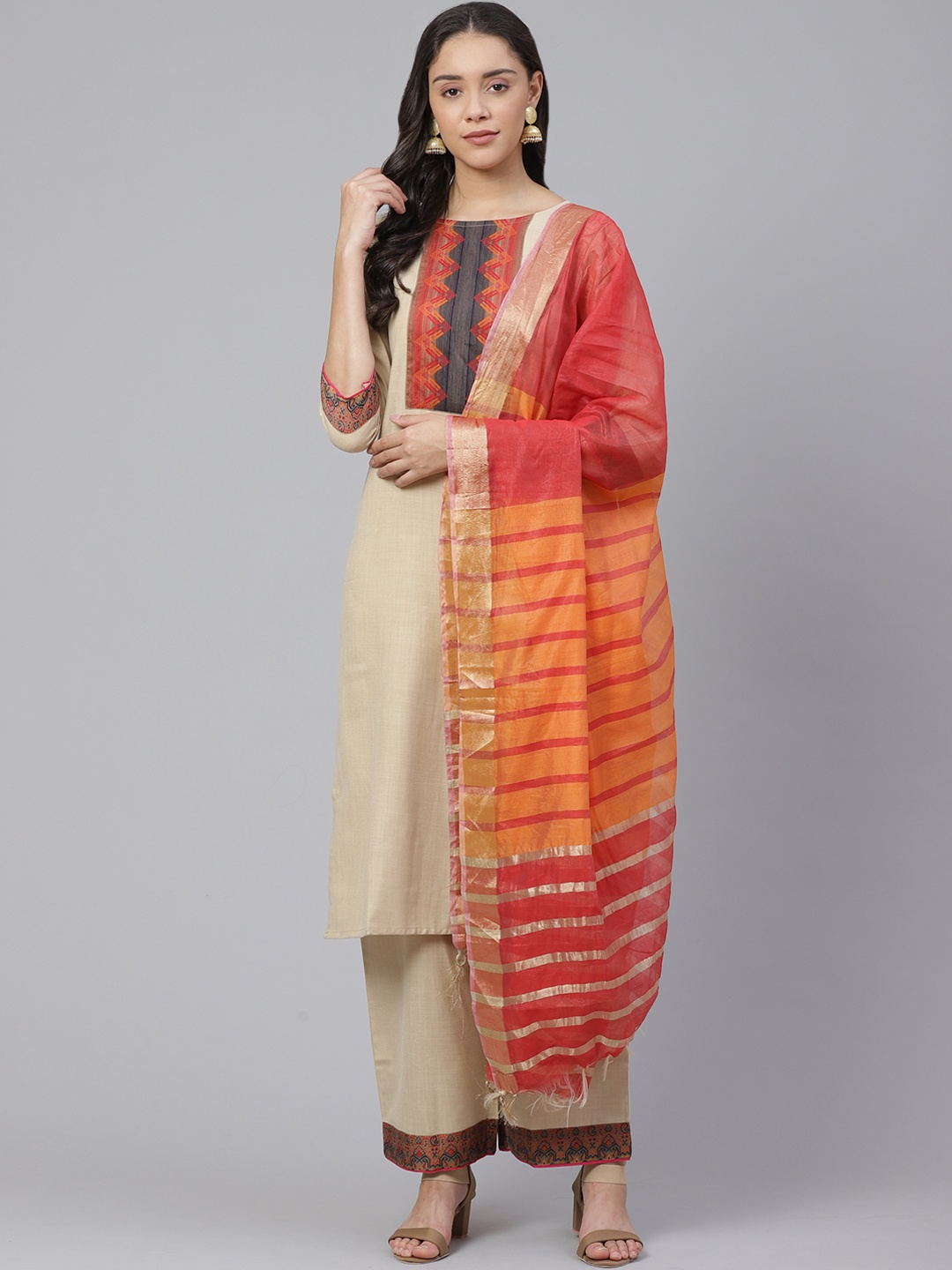 

Indo Era Women Beige Yoke Design Kurta with Palazzos & Dupatta